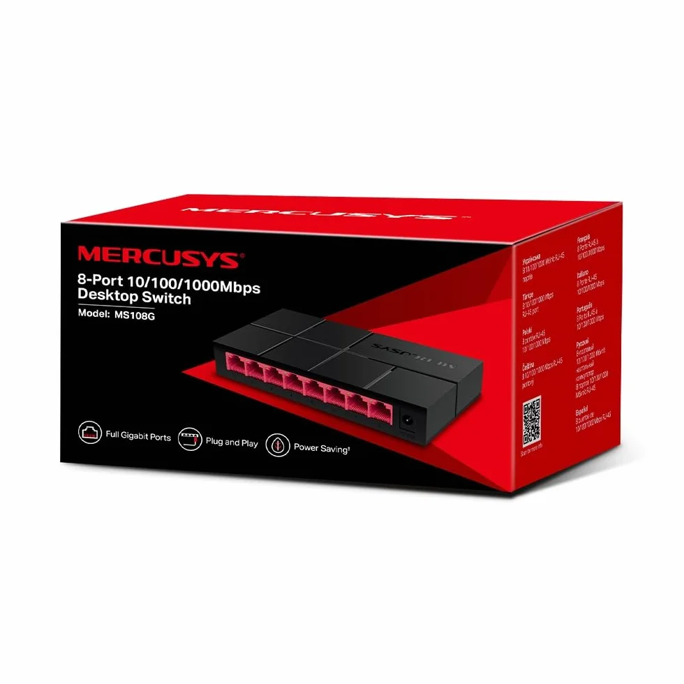 Mercusys MS108G – Niezarządzalny switch Gigabit Ethernet 8‑portowy, obudowa z tworzywa, bez wentylatora, Plug & Play, energooszczędny Green Ethernet, idealny do biura domowego, NAS, IPTV, monitoringu