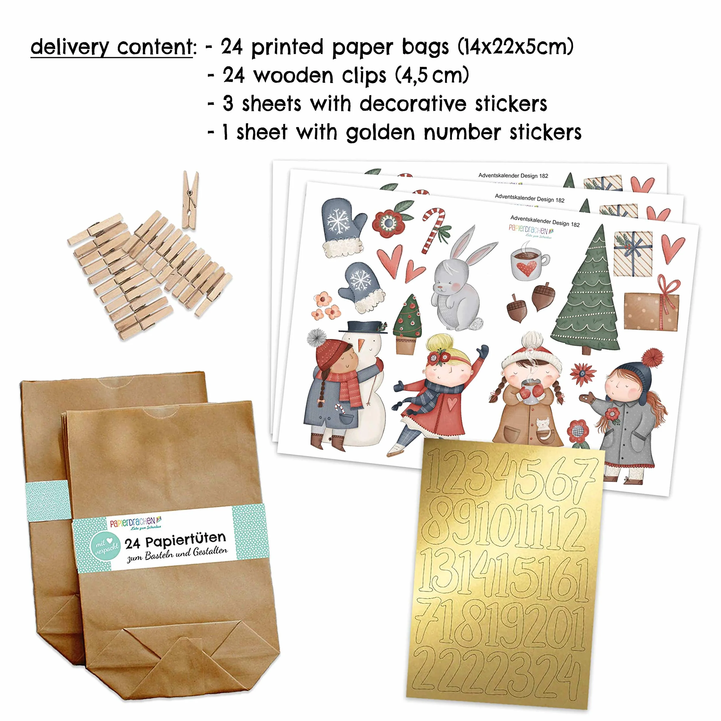 Papierdrachen DIY kalendarz adwentowy łyżwiarz 24 brązowe papierowe torebki naklejki Boże Narodzenie