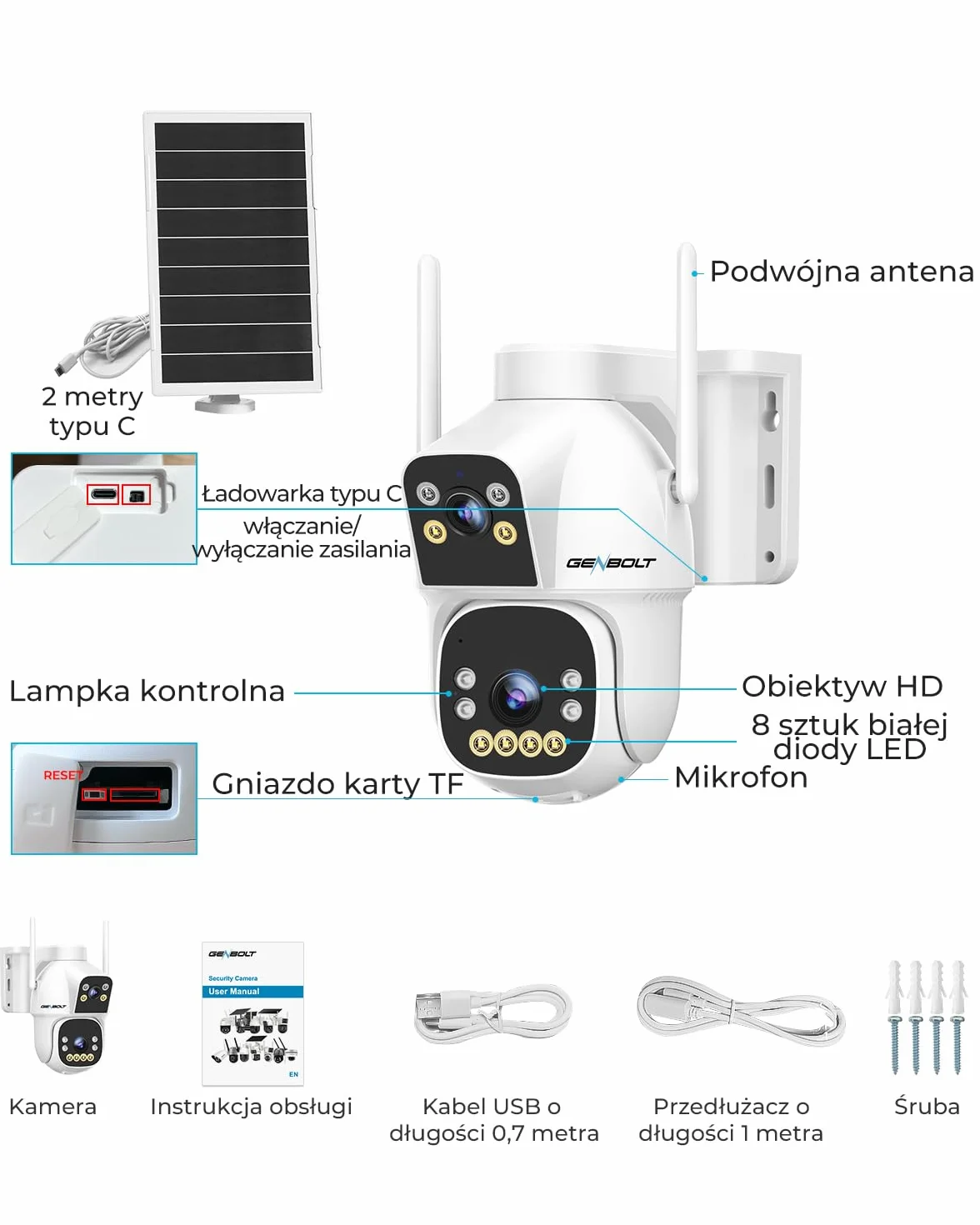 GENBOLT 2.5K AOV WiFi Kamera Zewnętrzna Solarna, Nagrywanie 24/7 3MP+3MP CCTV Zewnętrzna Kamera Monitoringu z wykrywaniem AI 90FT, Kamera IP Zewnętrzna 8W 15600mAh, Automatyczne śledzenie 2.4&5GHz