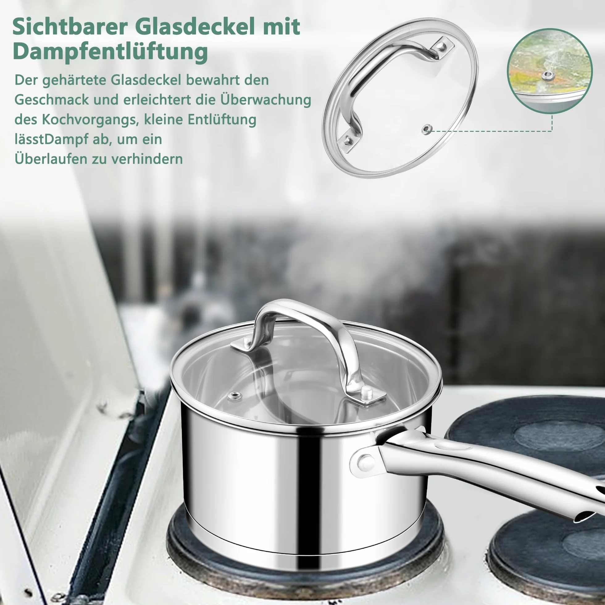 TEAMFAR rondel 16cm, garnek do gotowania mleka ze stali nierdzewnej indukcja z 3-warstwowym dnem do wszystkich rodzajów kuchenek, szklana pokrywka, 1,9L mały garnek zapiekanka na małe porcje