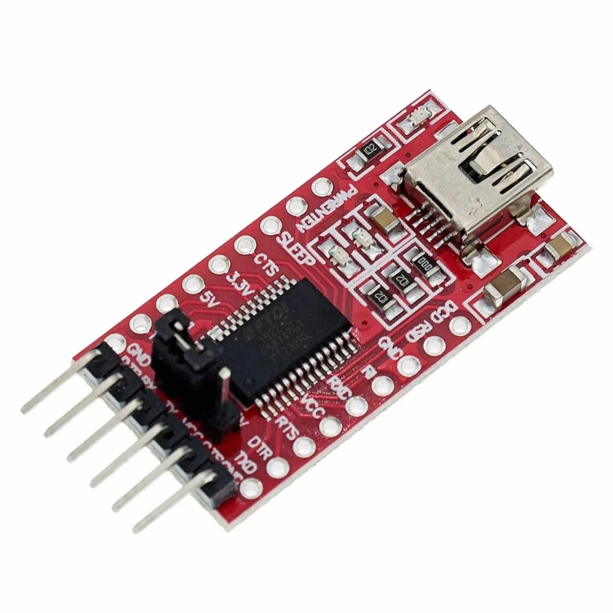Moduł konwertera USB-UART FT232RL - interfejs RS232 TTL, MiniUSB, 3,3 V/5 V, LED, kompatybilny z WinXP-10 | adapter szeregowy | zintegrowana elektronika
