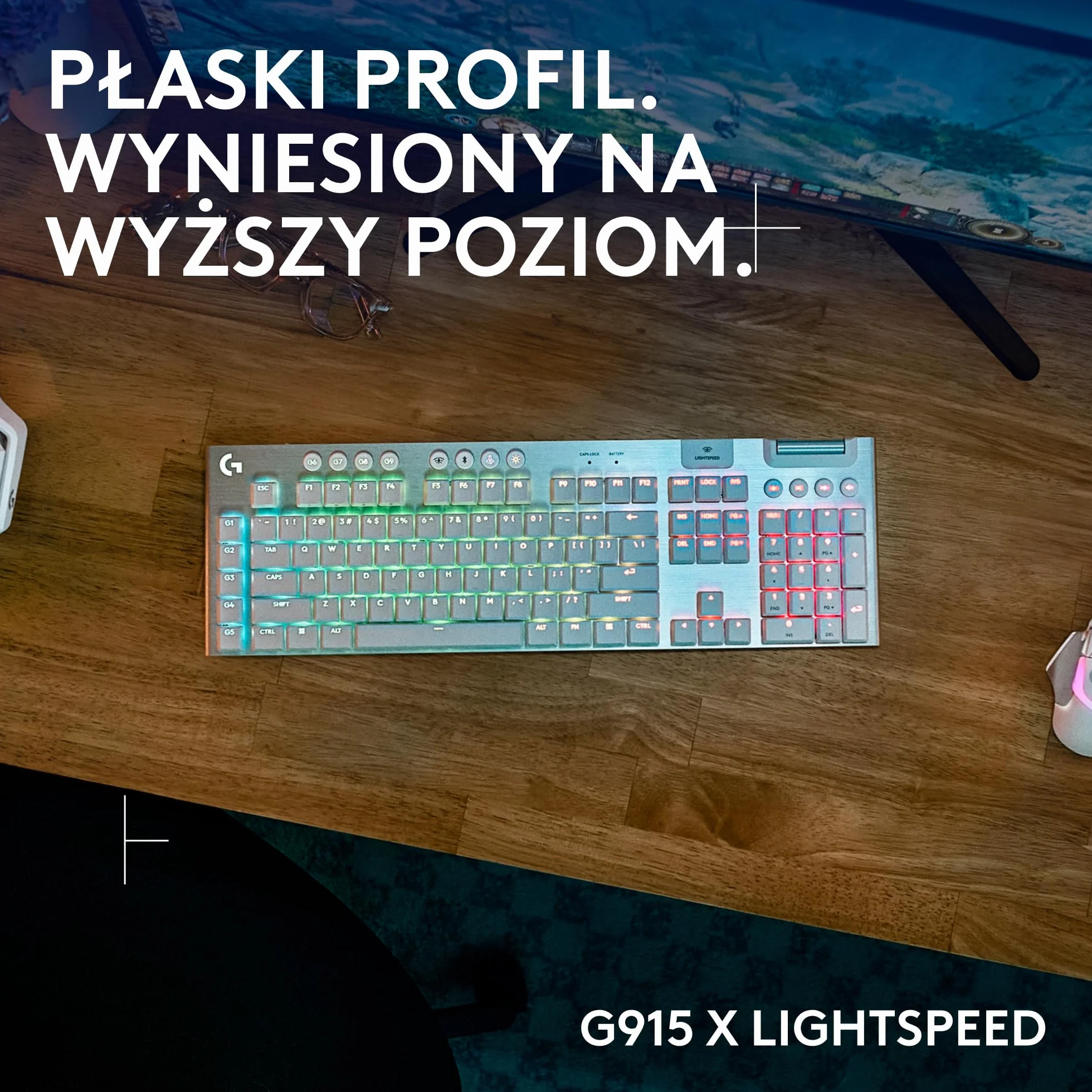 Logitech G G915 X Przeznaczona do gier bezprzewodowa klawiatura o płaskim profilu z technologią LIGHTSPEED, brązowe przełączniki sprężynujące GL Brown — PC/Mac, QWERTY układ US international - Biały