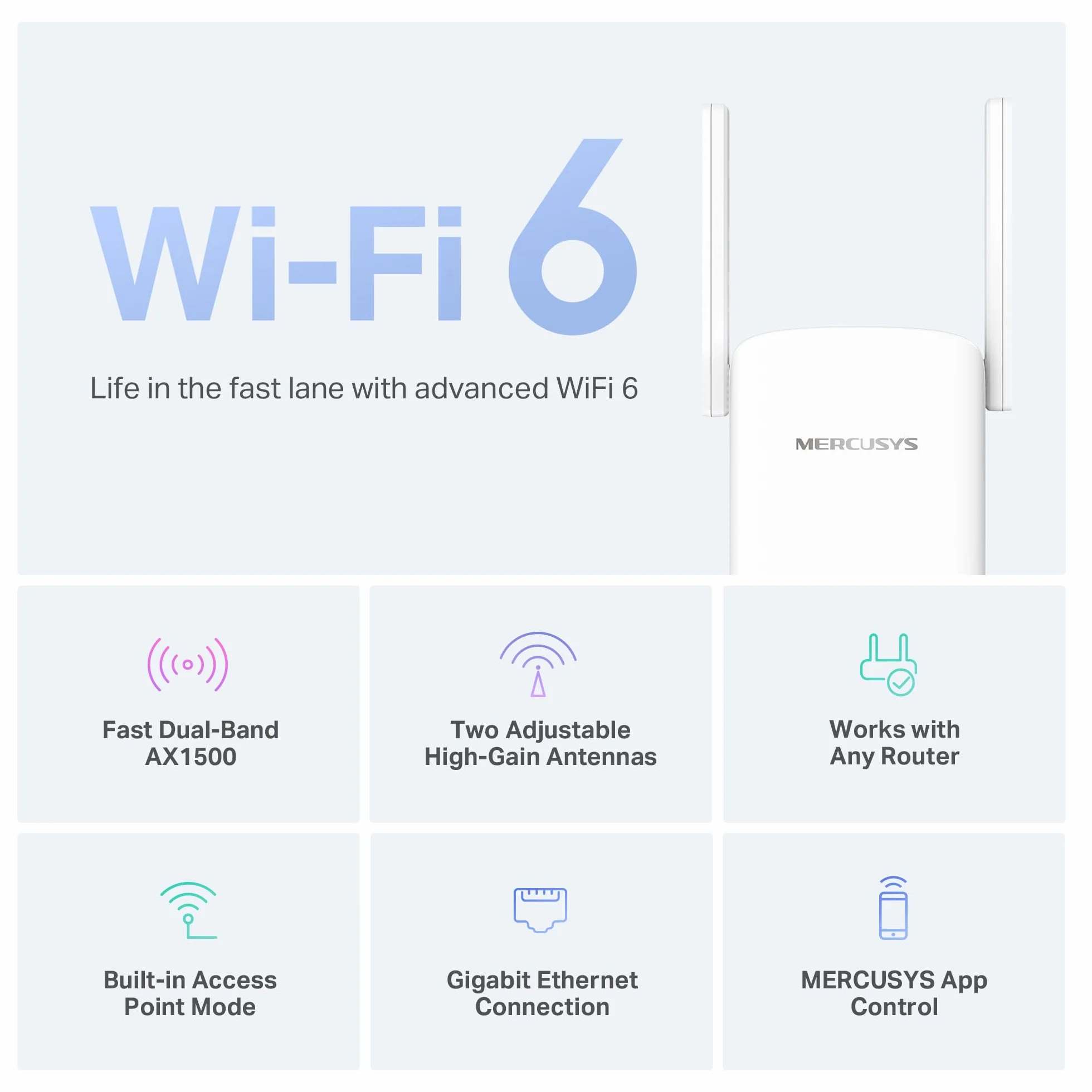 Mercusys TP-Link ME1500X repeater WiFi 6 AX1500Mbps, port Gigabit Ethernet, potężny repeater WiFi do domu, kompatybilny ze wszystkimi skrzynkami internetowymi, 2 antenami zewnętrznymi, WPA3-PSK