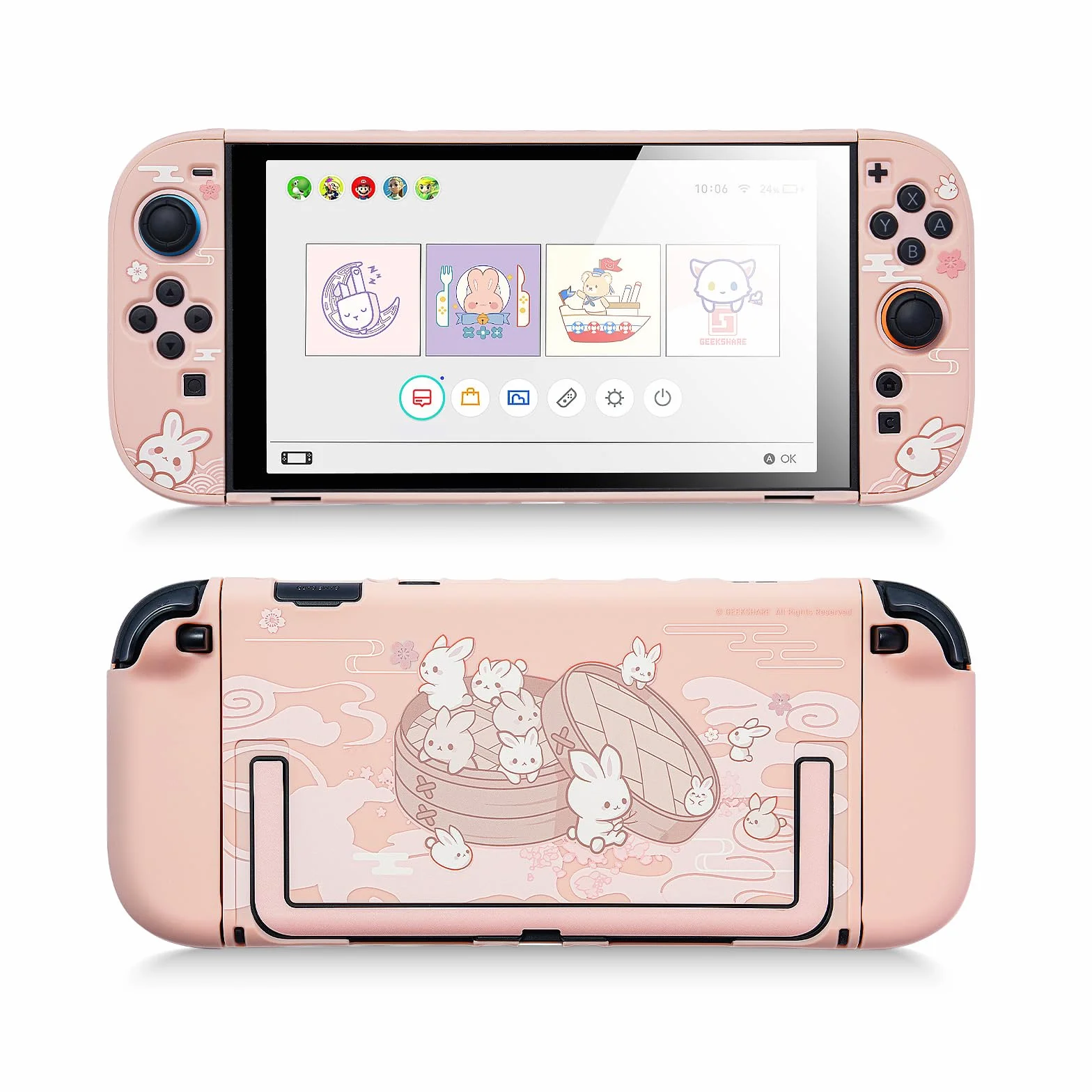 GeekShare Powłoka ochronna kompatybilna z Switch 2, Kawaii Cartoon dokowalna obudowa kompatybilna z Switch 2, odporna na zarysowania i amortyzująca wstrząsy pokrywa skórka - Królik Parowanej Bułeczki