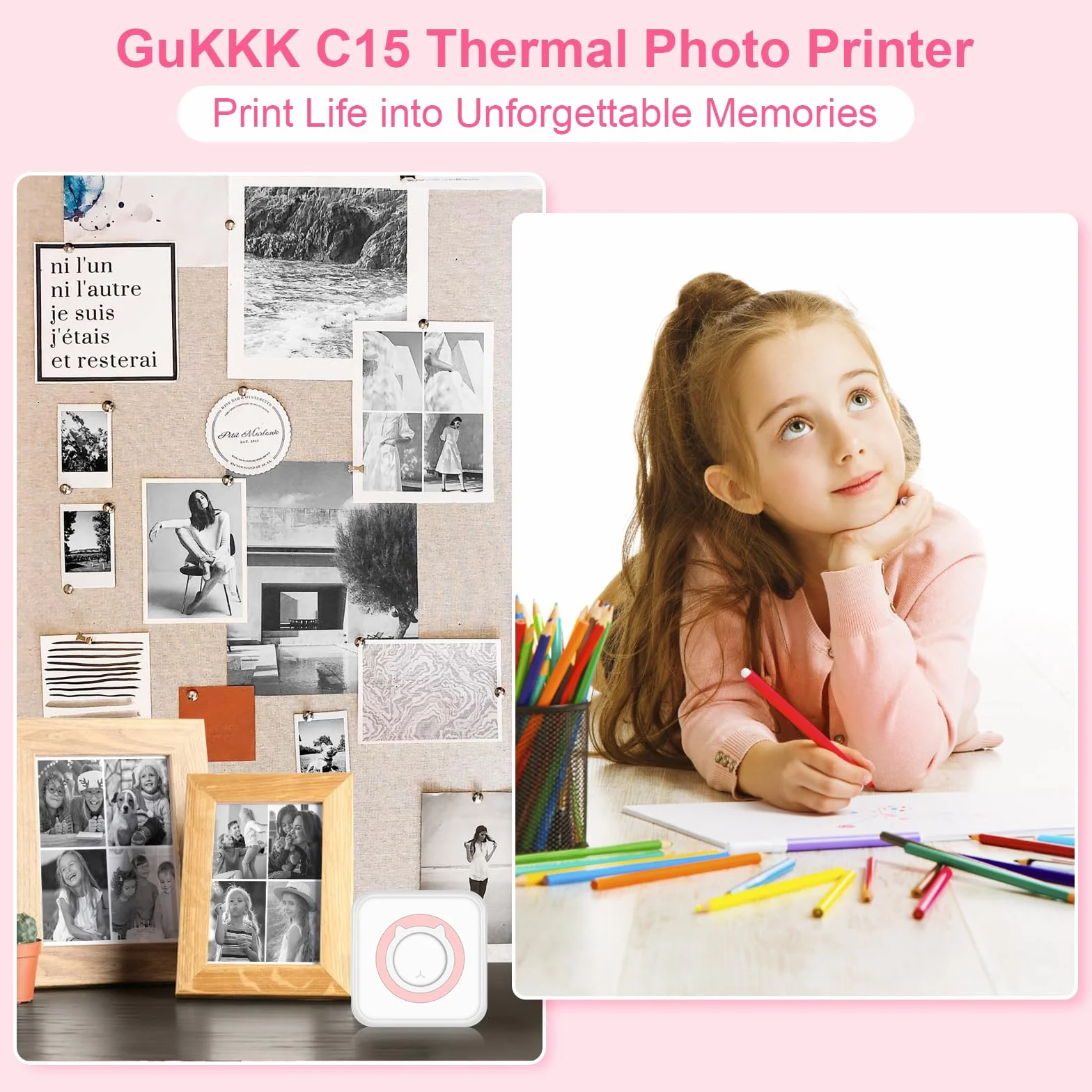 GuKKK Mini drukarka, mobilna drukarka fotograficzna, przenośna mini drukarka fotograficzna, bezprzewodowa drukarka fotograficzna, drukarka Bluetooth, pomoc w nauce, notatki, dziennik, notatki