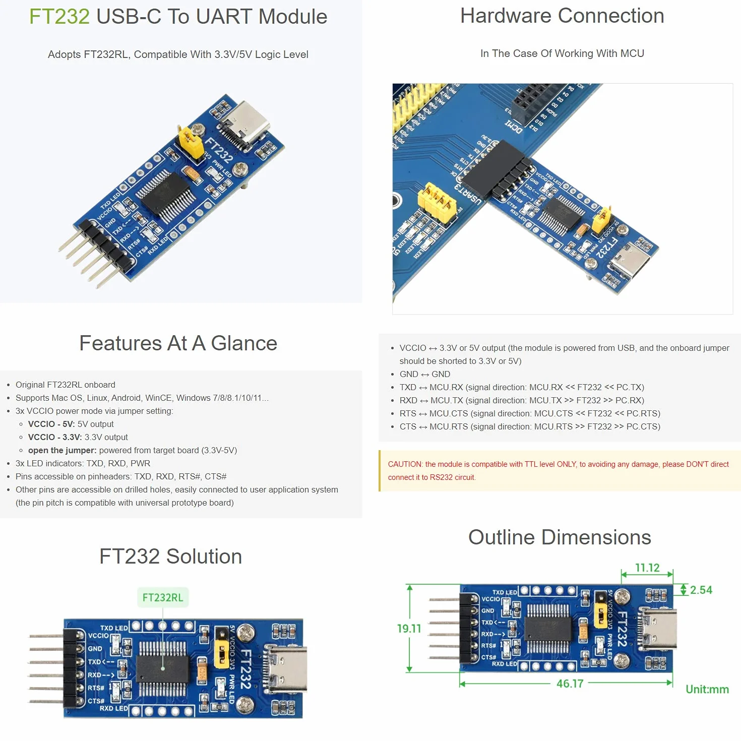 Waveshare FT232 USB-C to UART Module, Supports 3.3V/5V Logic Level, Compatible with Mac OS/Linux/Android/WinCE/Windows 7/8/8.1/10/11