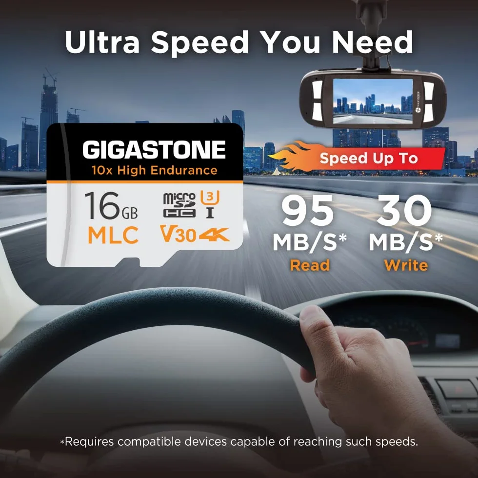 Gigastone - 10 tarjetas micro SD MLC de 16 GB, 10 unidades, grabación de video 4K, cámara de seguridad, cámara de salpicadero, compatible con vigilancia de 95 MB/s, U3 C10, con adaptador