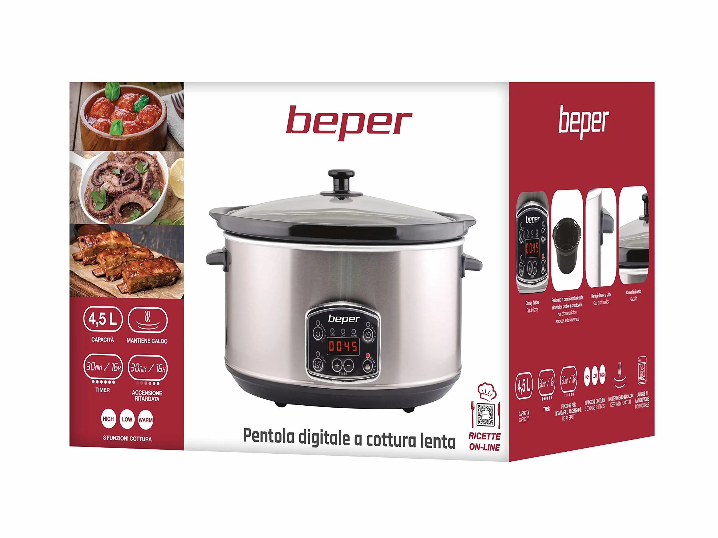 BEPER BC.510 Slow Cooker, 280 W, 4,5 litra, ceramika szklana, czarna i stal, Nero E Acciaio