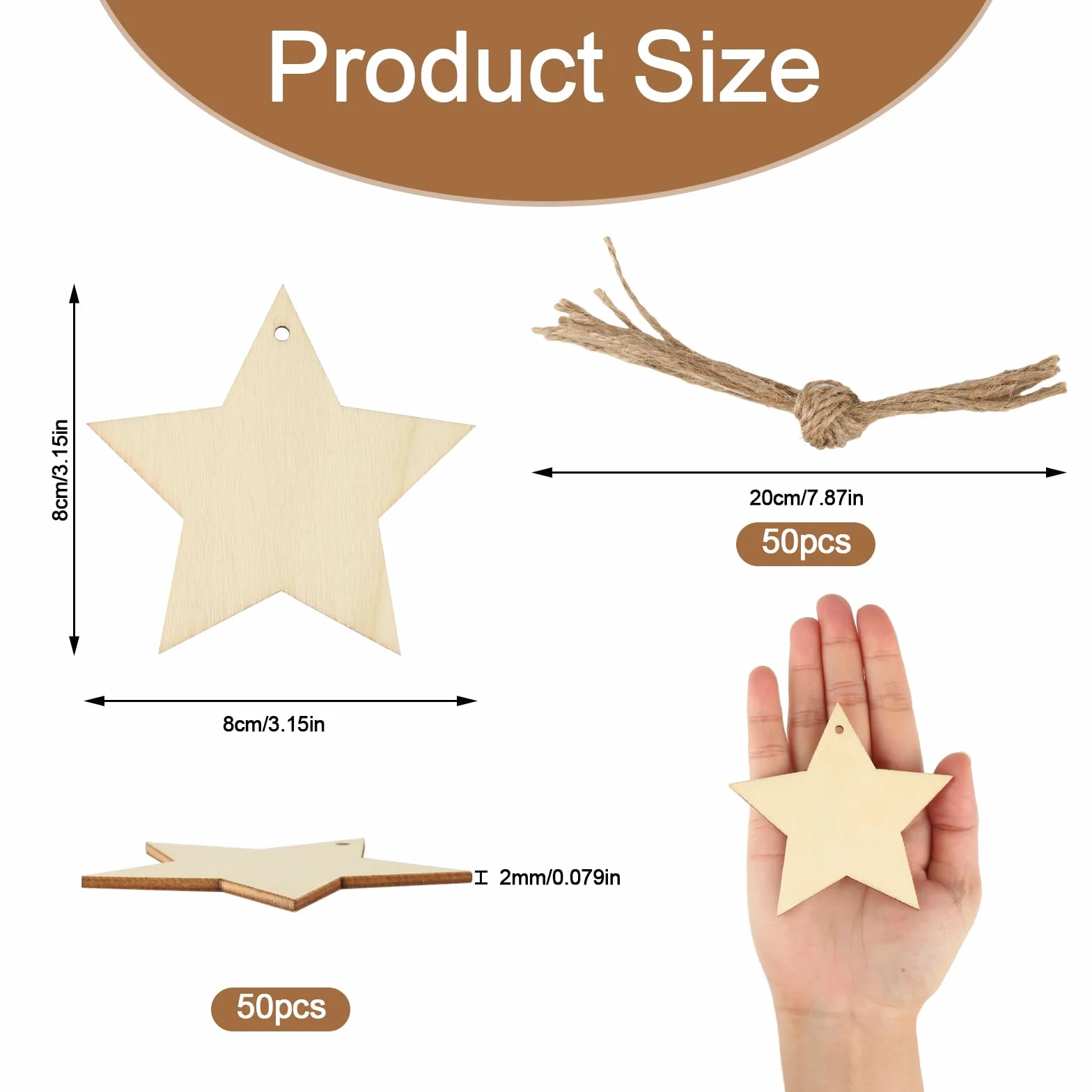 Drewniane gwiazdy 8 cm 50 sztuk do zawieszenia ozdoby choinkowe dekoracja weselna rękodzieło DIY