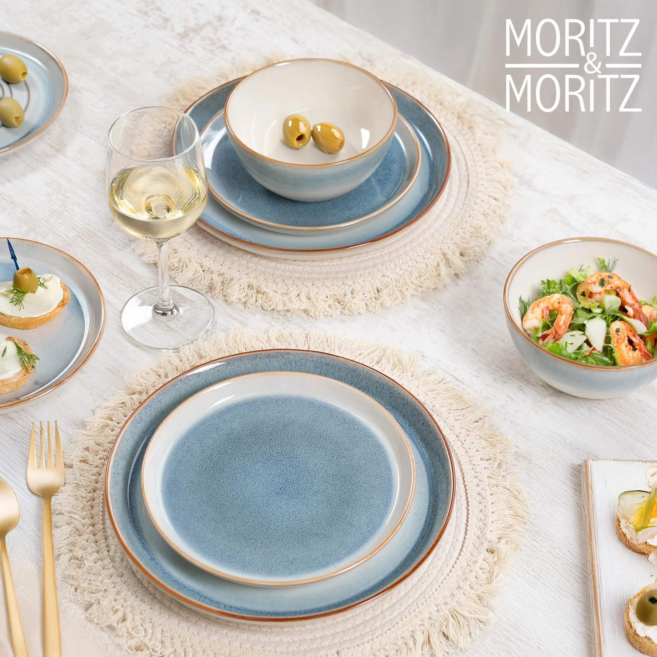 Moritz & Moritz TARENTO 24-częściowy zestaw naczyń dla 6 osób, niebieski – elegancki zestaw talerzy z wysokiej jakości kamionki – zestaw naczyń składający się z 6 talerzy obiadowych, 6 talerzy