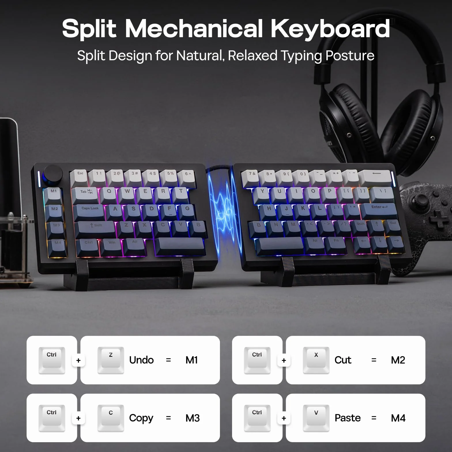 EPOMAKER Split70 ergonomiczna klawiatura gamingowa bezprzewodowa z QMK/VIA i pokrętłem, klawiatura mechaniczna Hot Swap RGB, Gasket, przełącznik liniowy, do Mac/Win (70% QWERTY English) (czarna)