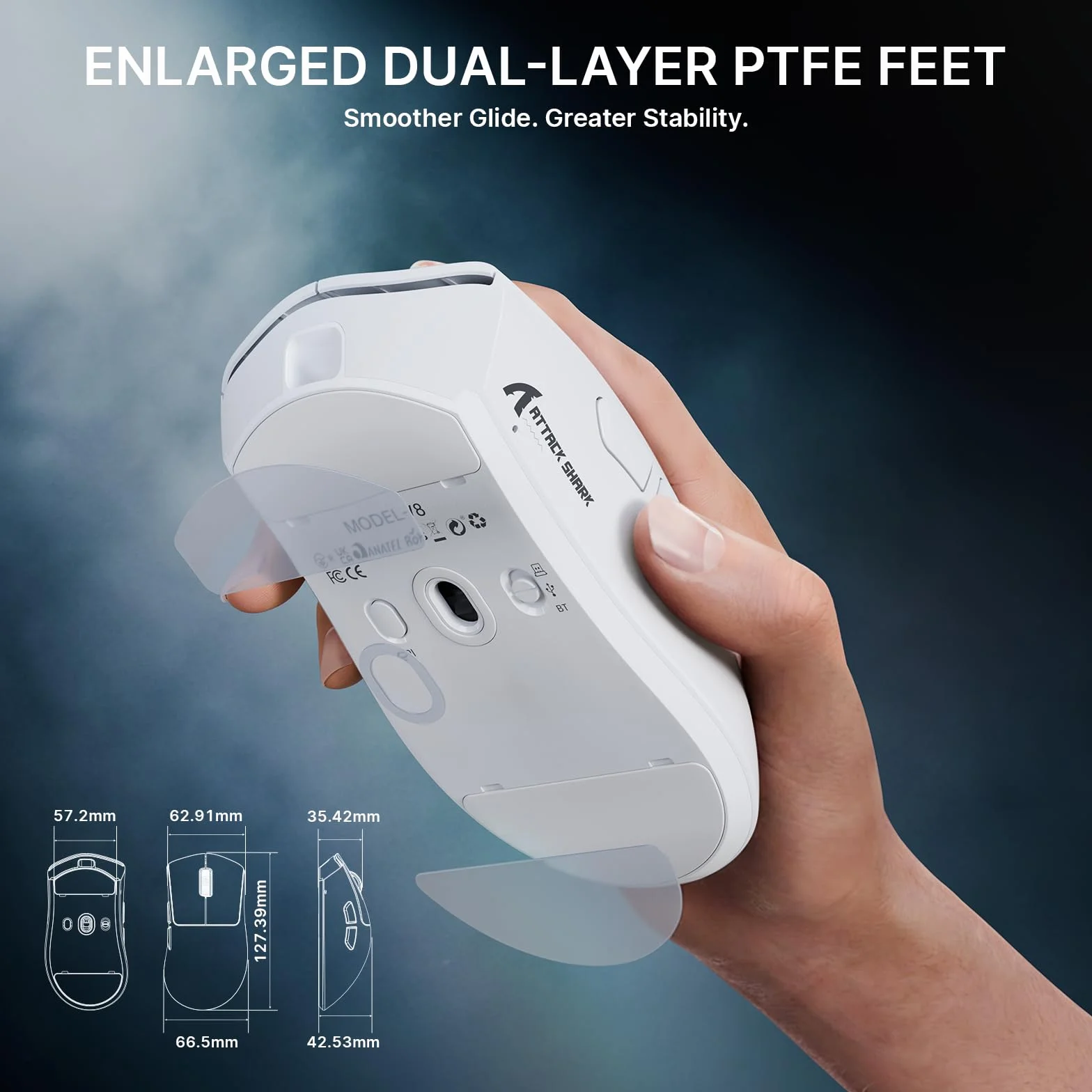 ATTACK SHARK V8 Bezprzewodowa Mysz Gamingowa 8000Hz, Chip Nordic 54L15, Sensor PAW3950MAX, 59g Ultralekka, 42000 DPI, 20 000 FPS, Ergonomiczna, BT / 2,4GHz / Przewodowa, Powłoka Ice, PC/Win, Biały