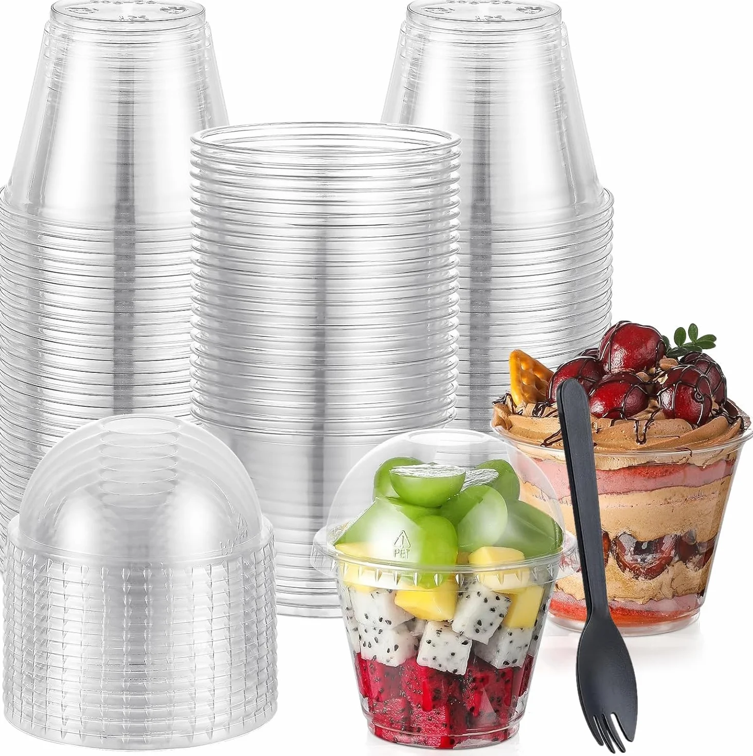 Plastikowe kubki deserowe 50 szt. 270 ml przezroczyste z pokrywkami kopułowymi