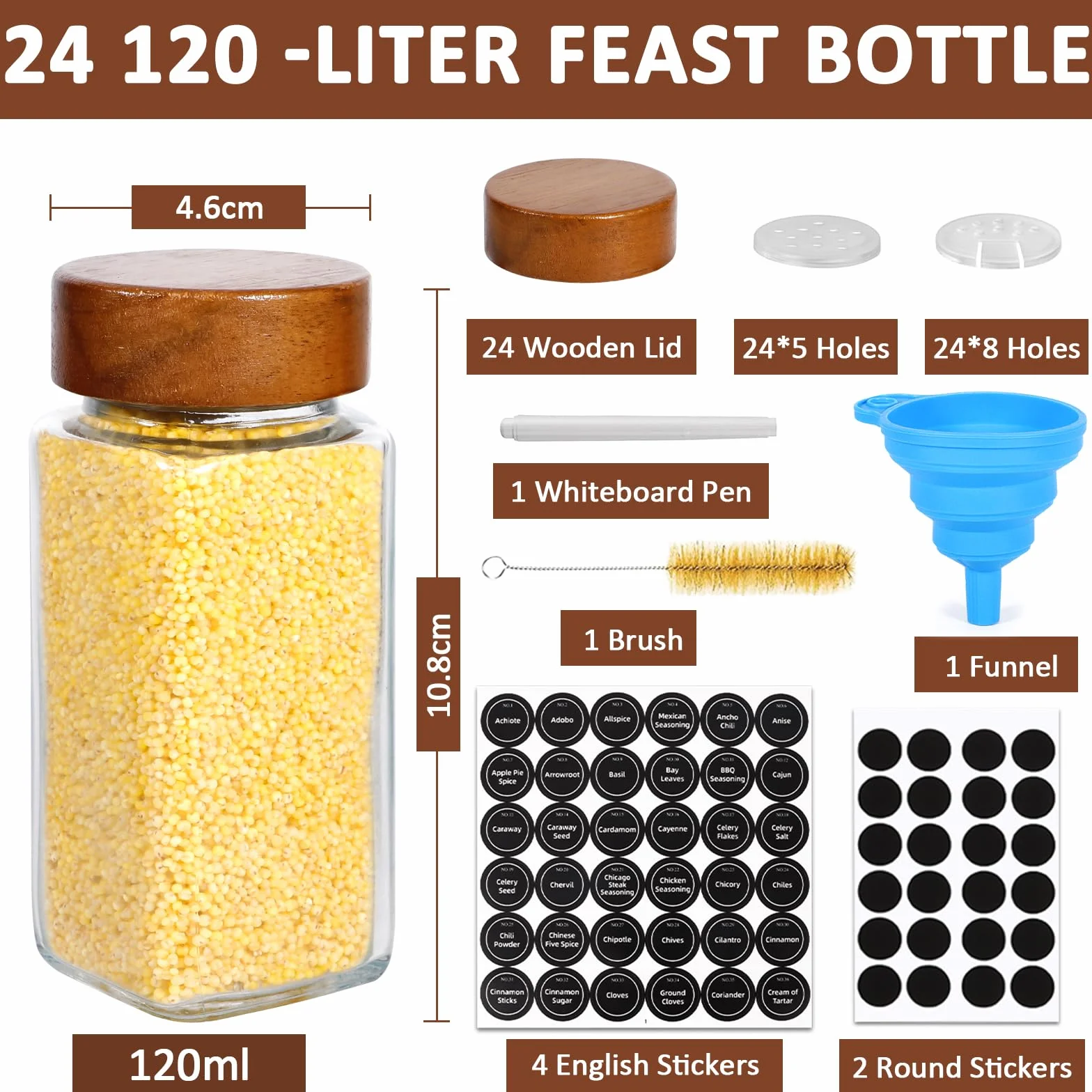 Zestaw Słoiczków na Przyprawy 24 x 120 ml Kwadratowe z Drewnianą Pokrywką, 48 Wkładek, Etykiety, Lejek Silikonowy, Szczoteczka