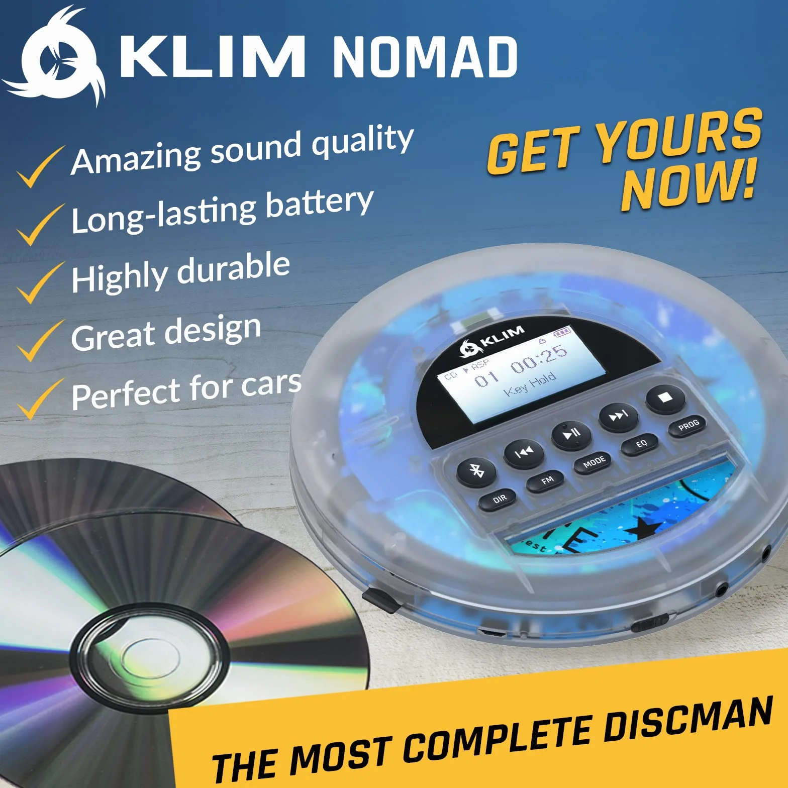 KLIM Nomad Transparent - NOWY - Przenośny odtwarzacz CD z długotrwałą baterią - w zestawie słuchawki - Radio FM - Przenośny odtwarzacz MP3 CD - Radio FM z kartą TF Bluetooth - Idealny do samochodów