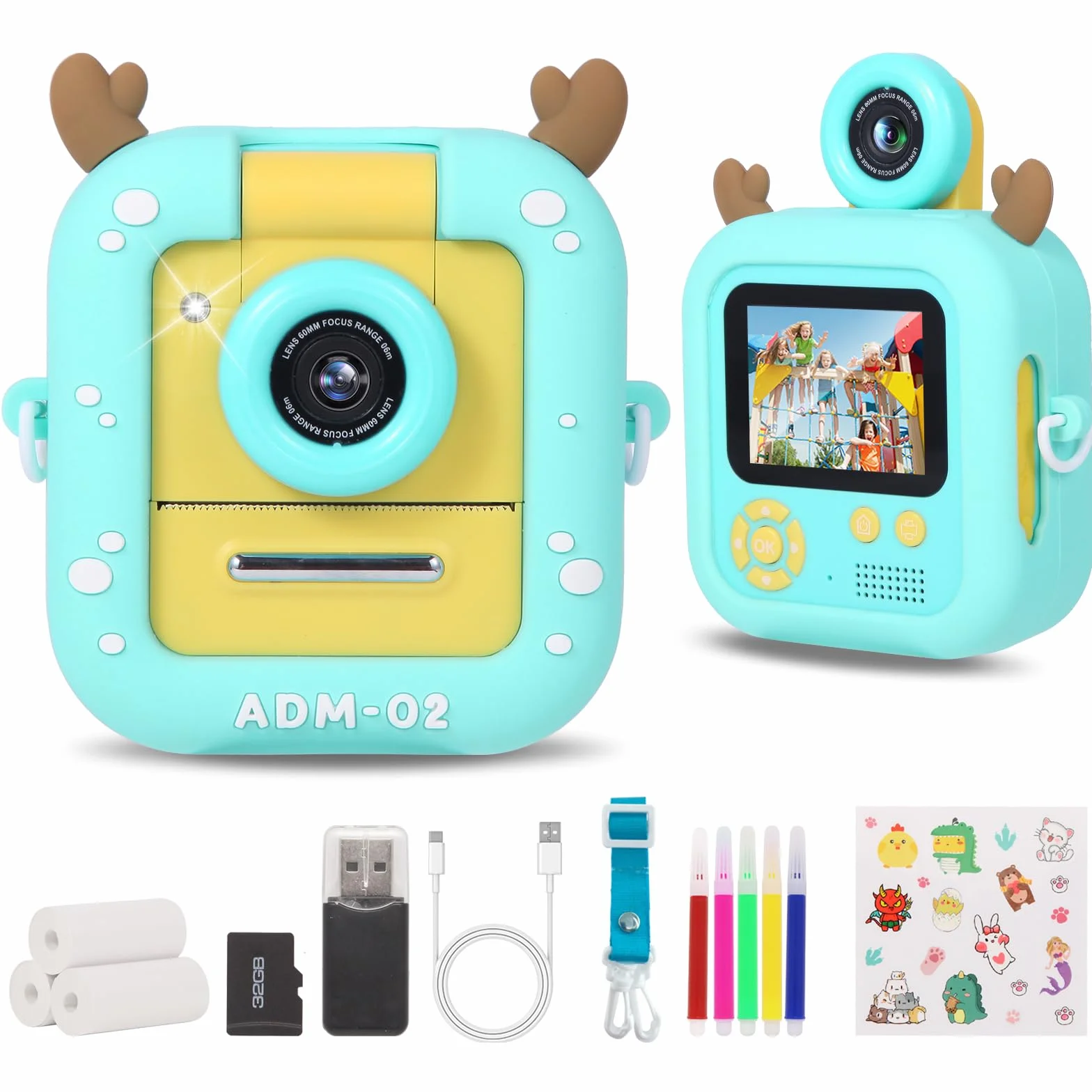 Aparat dla dzieci do natychmiastowego drukowania ZUEOKAI 2.4" z obiektywem obracanym o 180°, 3 papierami do druku, kartą 32GB i etui z silikonu, idealny na prezenty dla dzieci od 3 do 10 lat