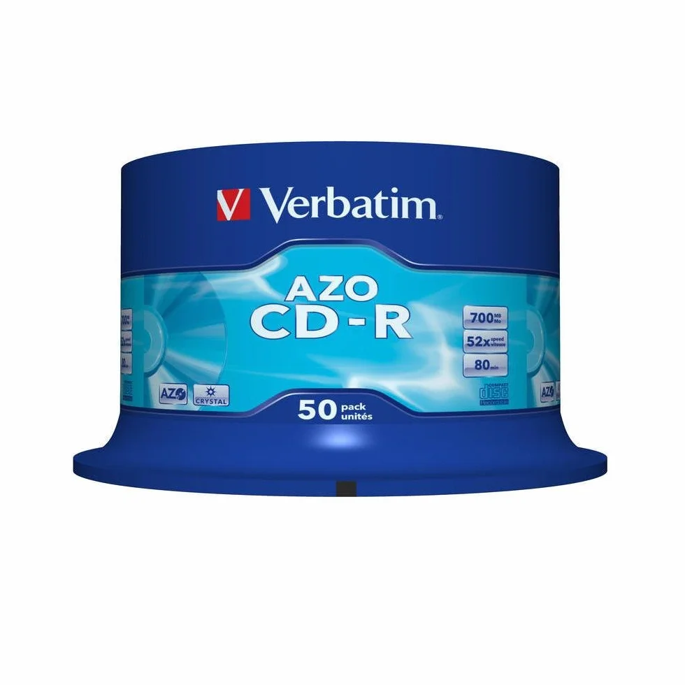 Verbatim CD-R Azo Crystal 700 MB, 50 Sztuk Wrzeciona, Puste Płyty CD, 52-Krotna Prędkość Wypalania o Długiej Żywotności, Audio DC Półfabrykat, do Zdjęć, Filmów i Dokumentów