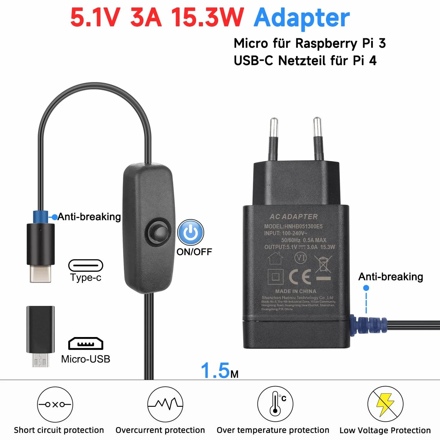 Miuzei Obudowa Raspberry Pi 3 B+ z zasilaczem sieciowym, aluminiowa, pasywna obudowa chłodząca z adapterem micro 5,1 V 3 A