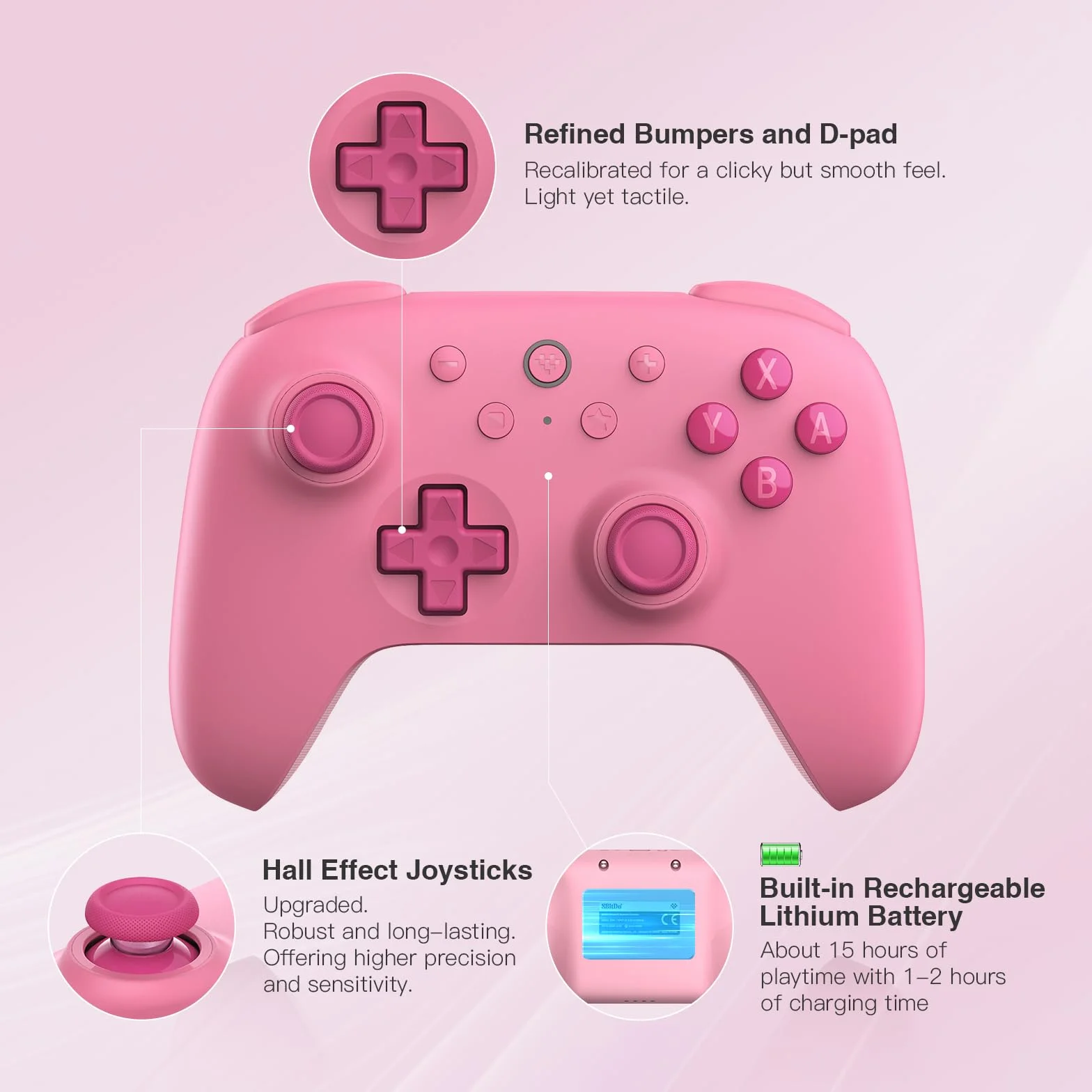 8Bitdo Ultimate 2C Kontroler Bluetooth do Switcha 2, Switcha/OLED/Lite, joysticki z efektem Halla, nieliniowe cyfrowe wyzwalacze, konfigurowalne zderzaki L4/R4, ruch 6-osiowy, wibracje Rumble (Różowy)