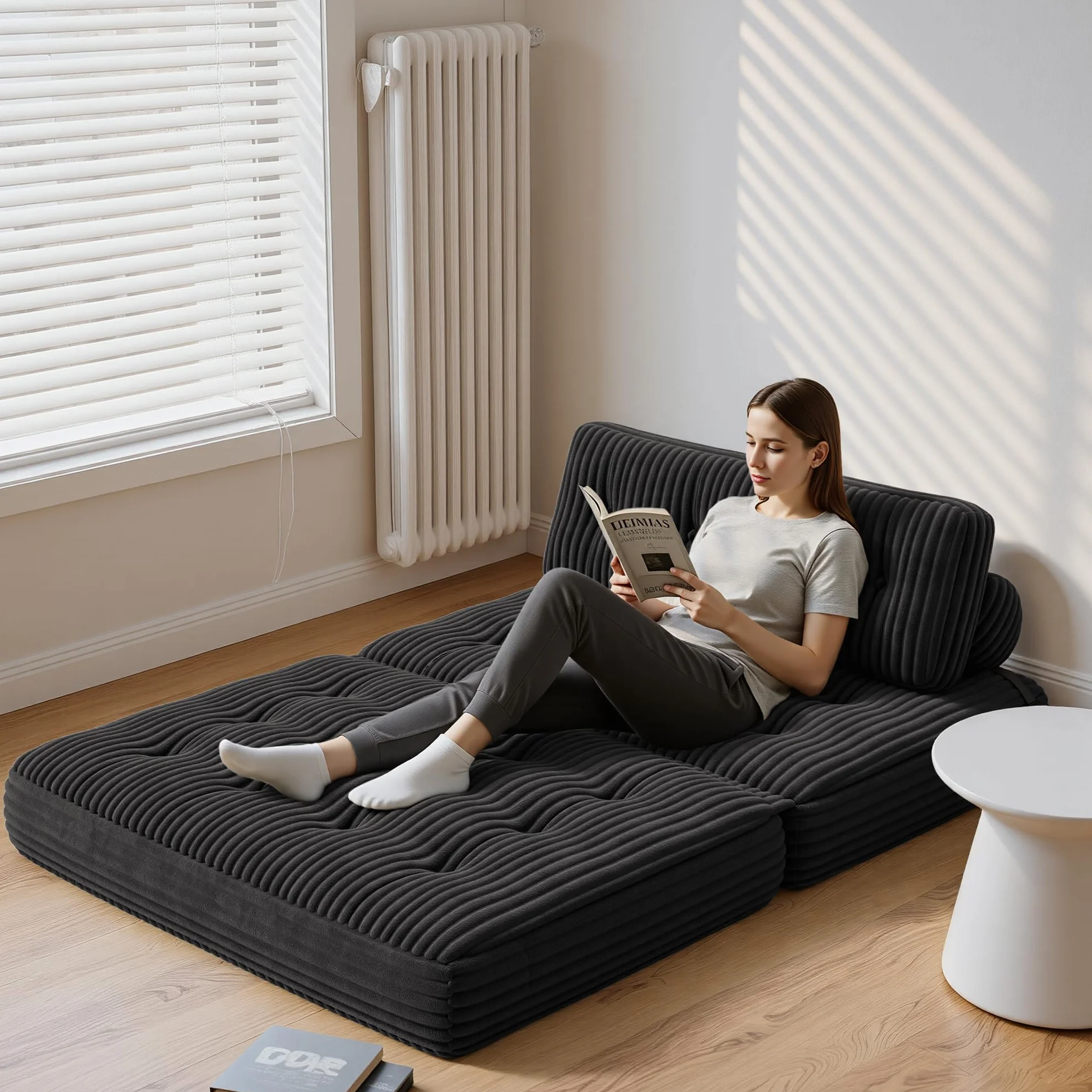 Xbro Składana sofa z funkcją spania 2 w 1, regulowane oparcie, materiał sztruksowy z pianki, 180 x 85 cm, zajmuje mało miejsca, czarna
