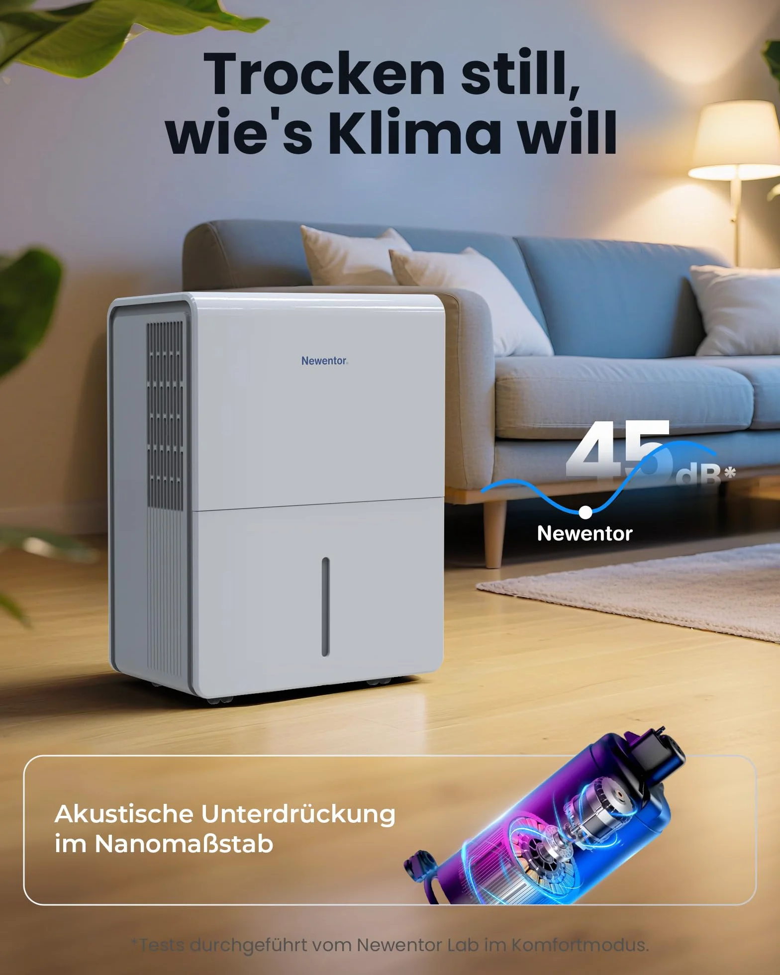 Newentor Osuszacz powietrza 25 l/24 h, do pomieszczeń 215 m³/80 m² – 3-krotna redukcja hałasu – energooszczędny chip – łatwa obsługa – z wężem odpływowym 1 m i zdejmowanym filtrem, timer