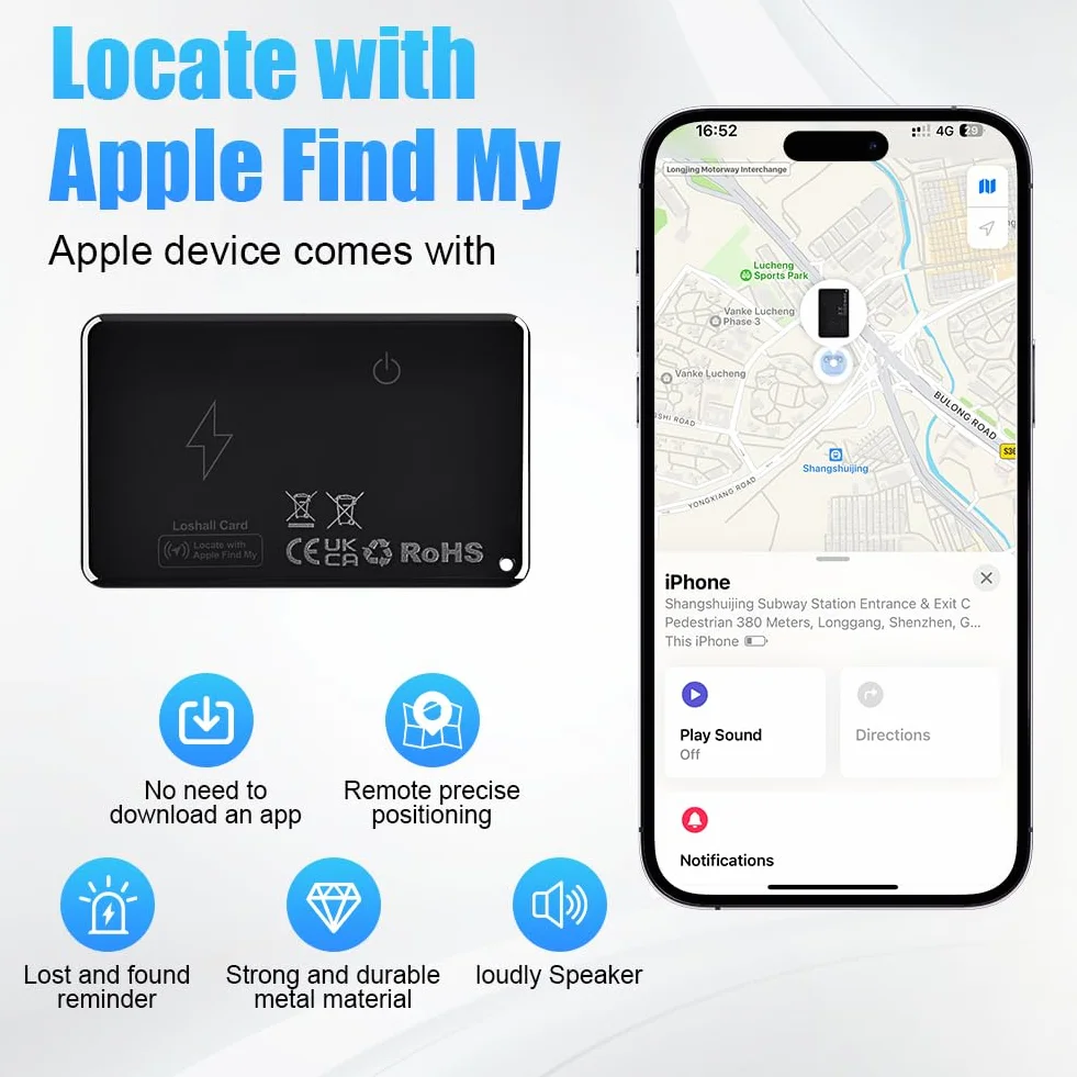 Ainiv Karta Thin Wallet Tracker, akumulatorowy lokalizator portfela, wodoodporny, współpracuje z Apple Find My (tylko iOS), sorter przedmiotów do etykiet bagażowych, telefonów, paszportów