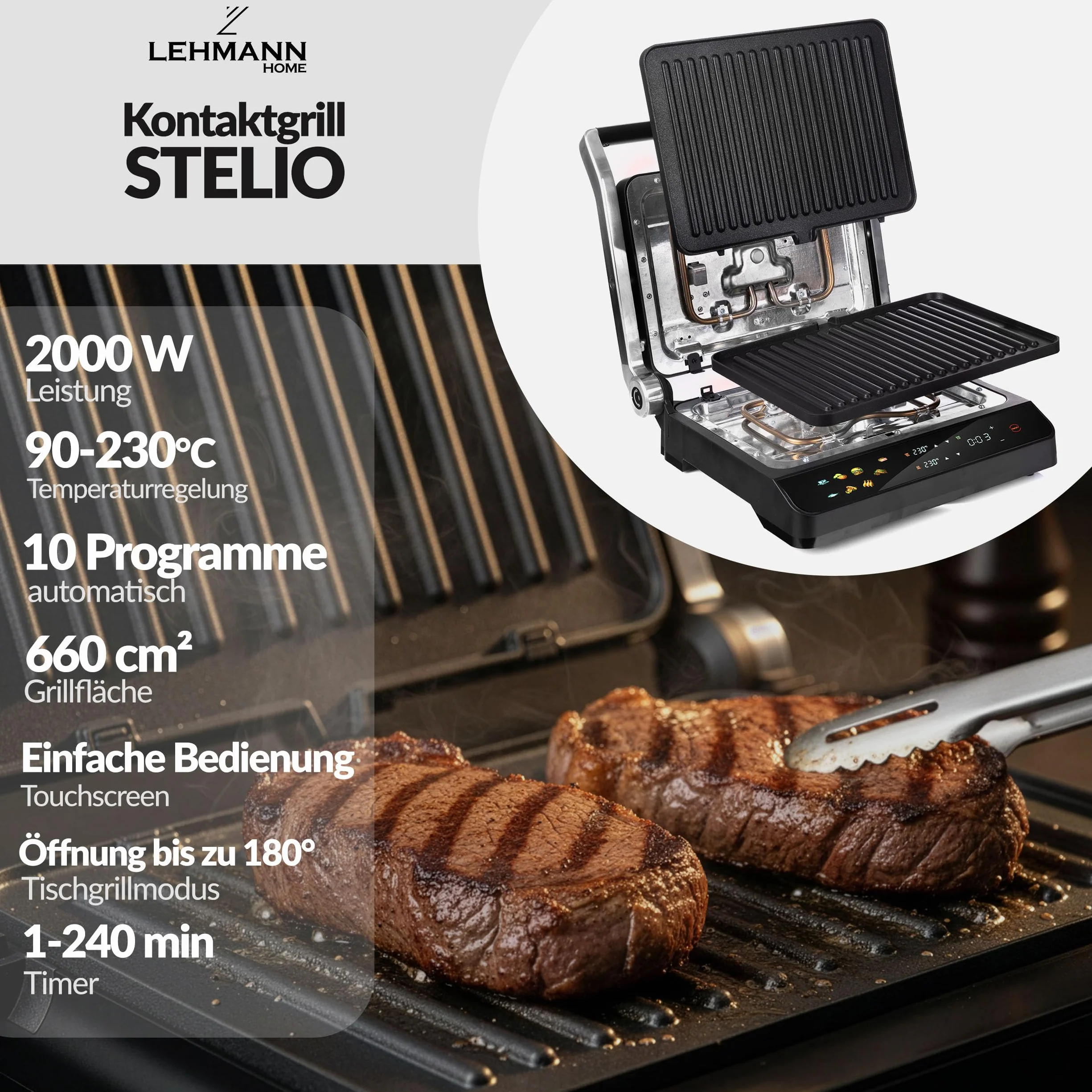 LEHMANN Grill kontaktowy, 2000 W, grill stołowy rozkładany 180°, zdejmowane płyty nieprzywierające, wyświetlacz: 10 programów, regulacja temperatury 90-230°C, timer 1-240 min, grill elektryczny do