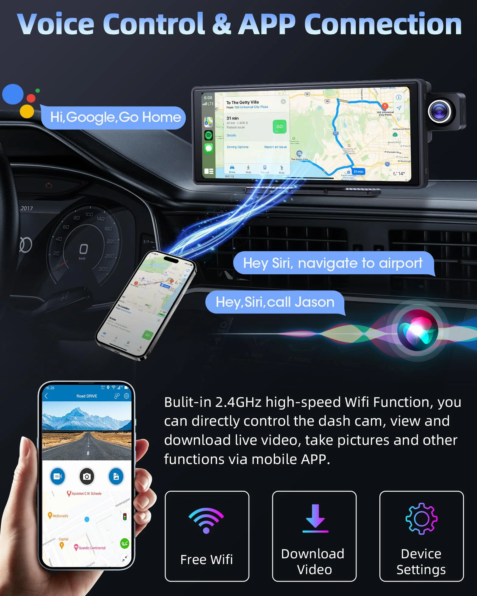 10,26-calowy wyświetlacz Apple Carplay Android Auto z regulowaną kamerą samochodową 2,5K Bezprzewodowy przedni tylny wyświetlacz Driveplay z kamerą cofania Radio samochodowe Carplay z Bluetooth 64G TF