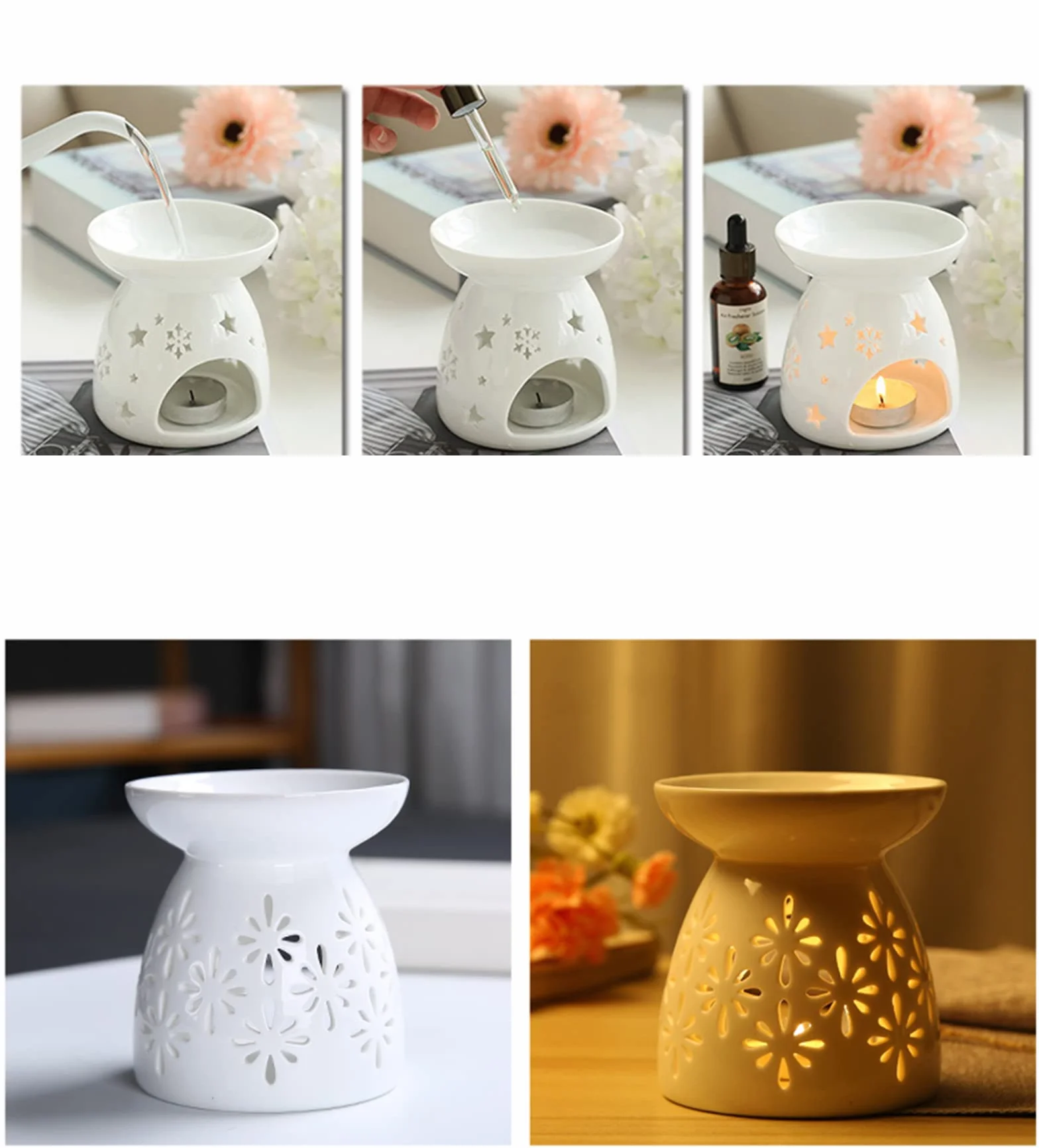 Ceramiczna lampa zapachowa do aromatu, palnik olejkowy ze świecznikiem, biały mały uchwyt na świecę