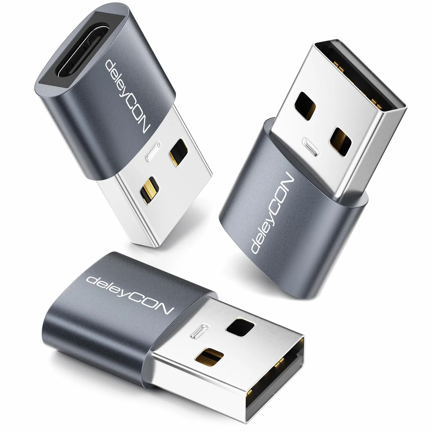 deleyCON Adapter USB-C (3 Szt.) - Gniazdo USB-C do Wtyku USB-A - do iPhone 17/16/15, iPad, Galaxy S25/S24/S23, A56, A16, Laptopa, Notebooka, CarPlay, ładowarki itp.