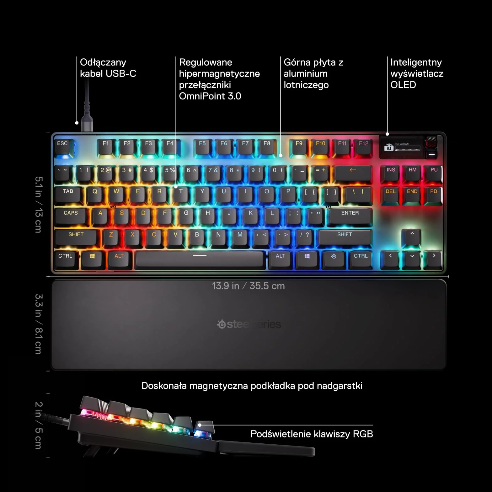SteelSeries Apex Pro Gen 3 TKL - Hipermagnetyczna klawiatura dla graczy - przełączniki OmniPoint 3.0 - Rapid Trigger - Ustawienia gier - Rapid Tap/SOCD - OLED - RGB - nakładki z PBT - US Layout QWERTY