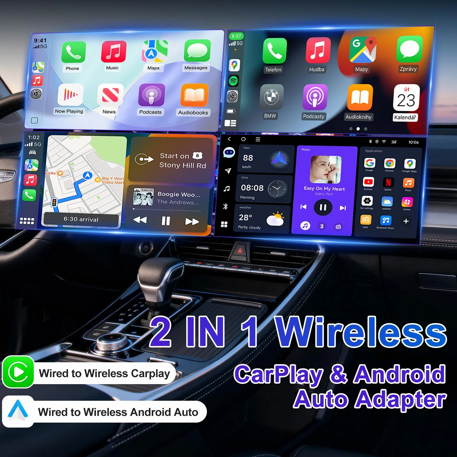 Mineup Adapter bezprzewodowy CarPlay, bezprzewodowy adapter Android Auto & Carplay, adapter bezprzewodowy 2 w 1, Plug and Play, kompatybilny z iOS 10+ i Android 11+, stabilne połączenie