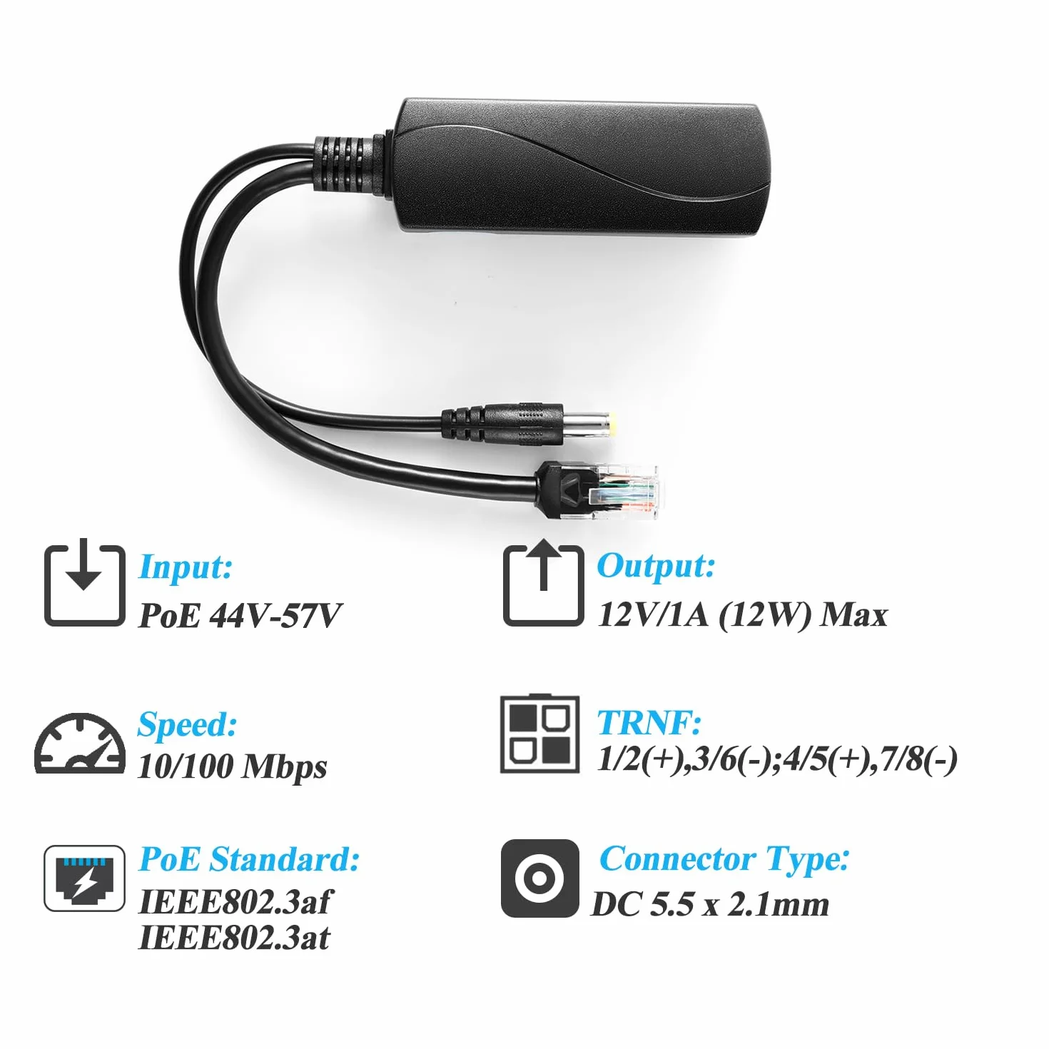 Revotech Aktywny rozdzielacz PoE 12 V/1 A, wtyczka DC 5,5 x 2,1 mm, 48 V PoE na DC 12 V/1 A, wyjście 10/100 Mbps, kompatybilny z IEEE802.3af/at, adapter PoE do kamery IP bez PoE (PS5712P)
