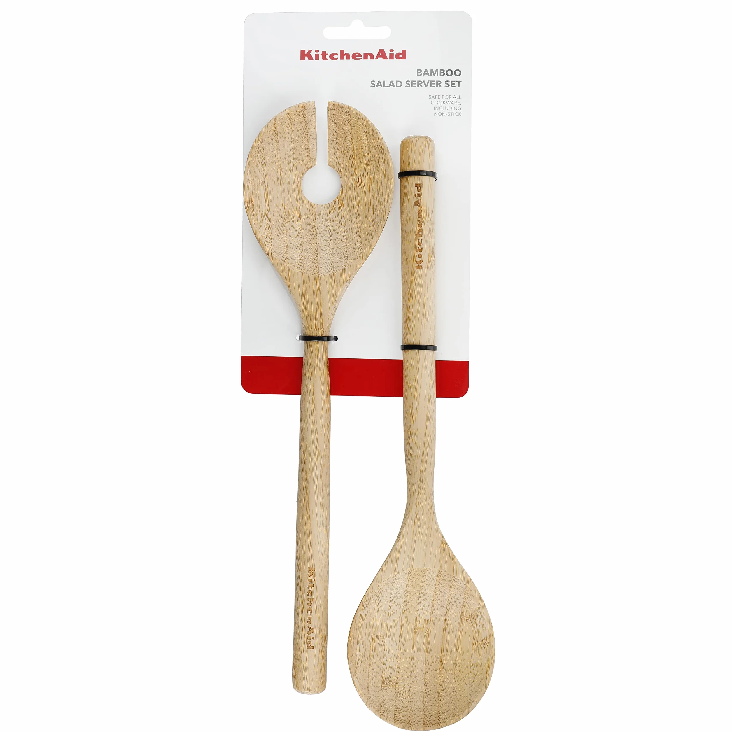 KitchenAid Bambusowe serwery do sałatek, szczypce do sałatek, widelec i łyżka, zestaw sztućców, idealne do mieszania sałatek i serwowania kolacji, 30 cm