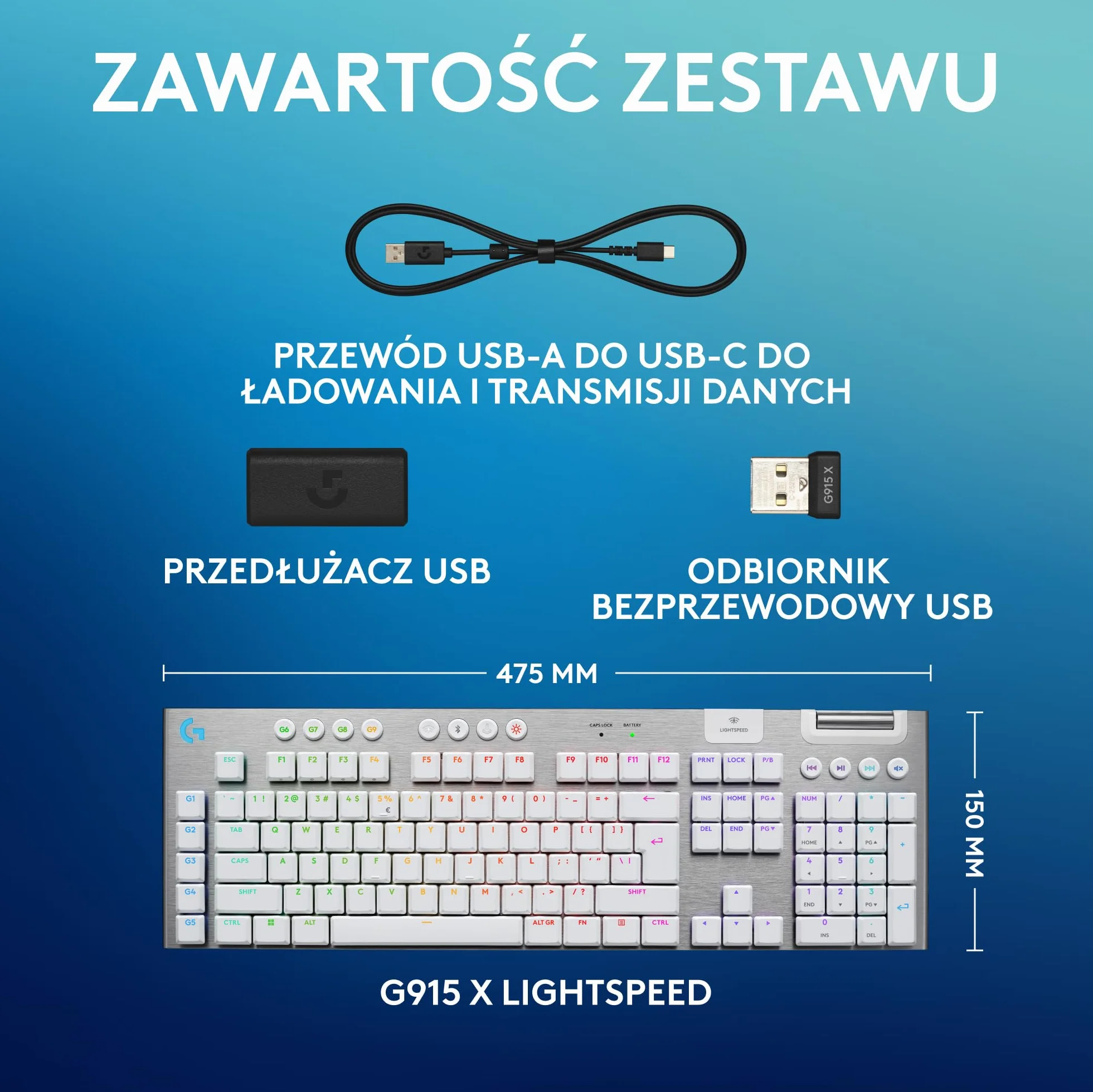 Logitech G G915 X Przeznaczona do gier bezprzewodowa klawiatura o płaskim profilu z technologią LIGHTSPEED, brązowe przełączniki sprężynujące GL Brown — PC/Mac, QWERTY układ US international - Biały