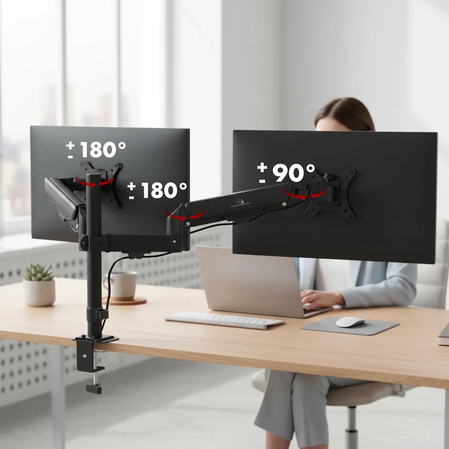 Maclean MC-136 podwójny uchwyt na monitor 17-32", ze sprężyną gazową, regulacja wysokości, ergonomiczne, wychylne ramię monitora, do biura, domowego biura i gier, czarny