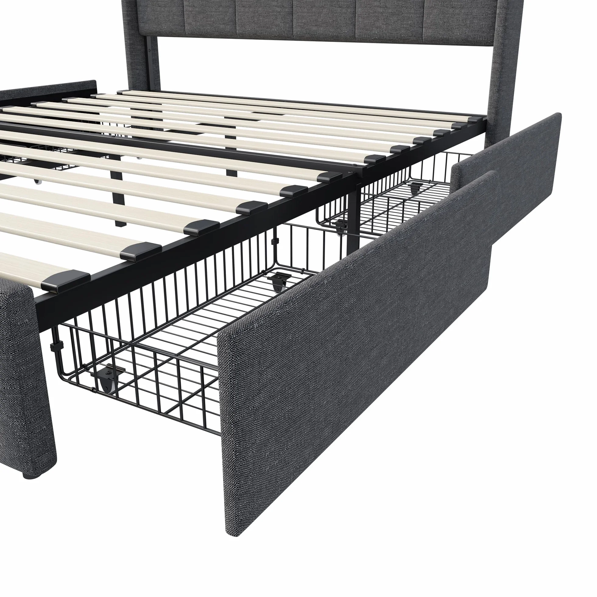 Łóżko Podwójne Pikowane 160 x 200 cm z Szufladą, Oświetleniem LED i Ładowaniem USB - Szare