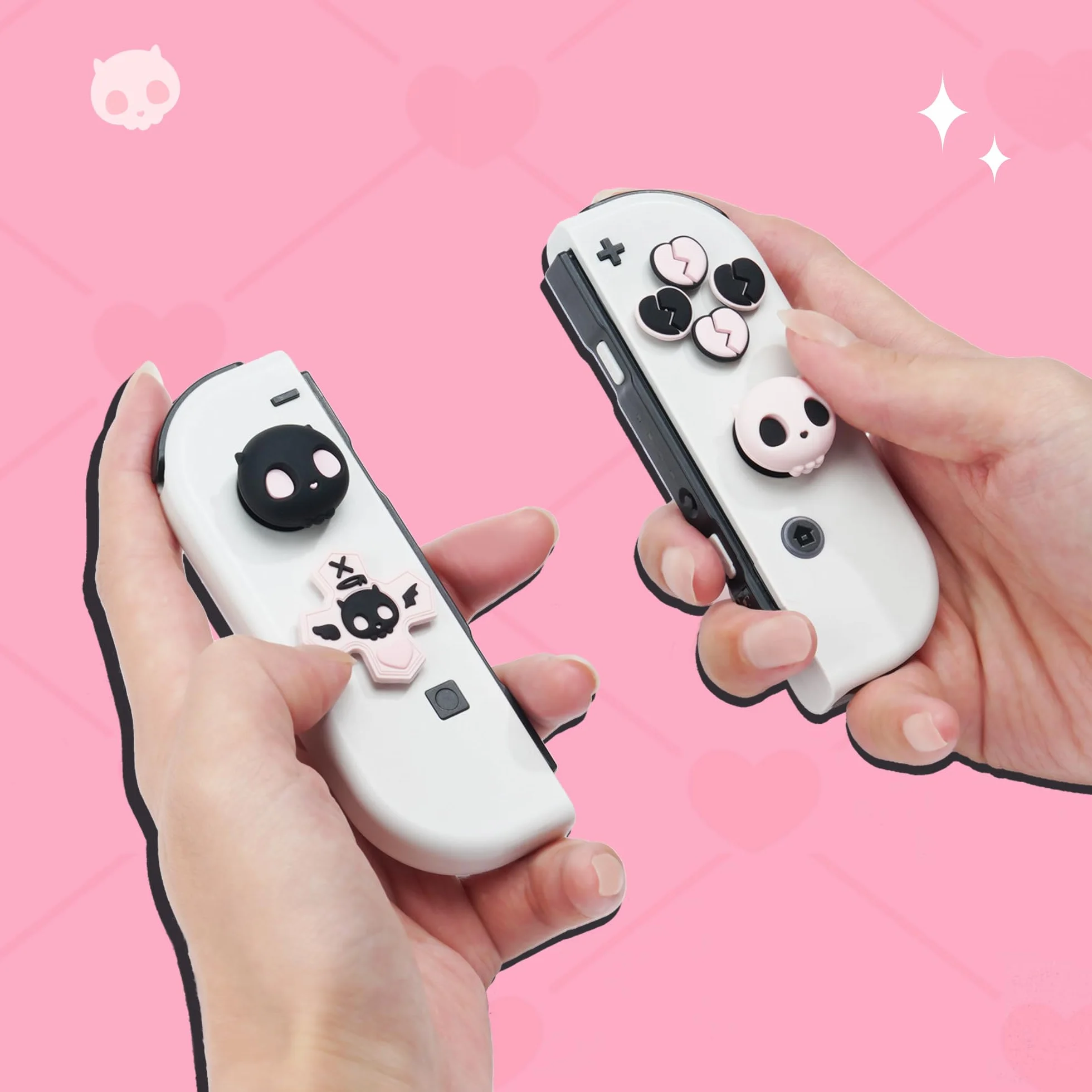GeekShare Silikonowe nakładki na przyciski krzyżowe D-Pad Zestaw osłon na joysticki - Śliczna naklejka na przyciski ABXY Kompatybilna z Switch/OLED - Słodka czaszka