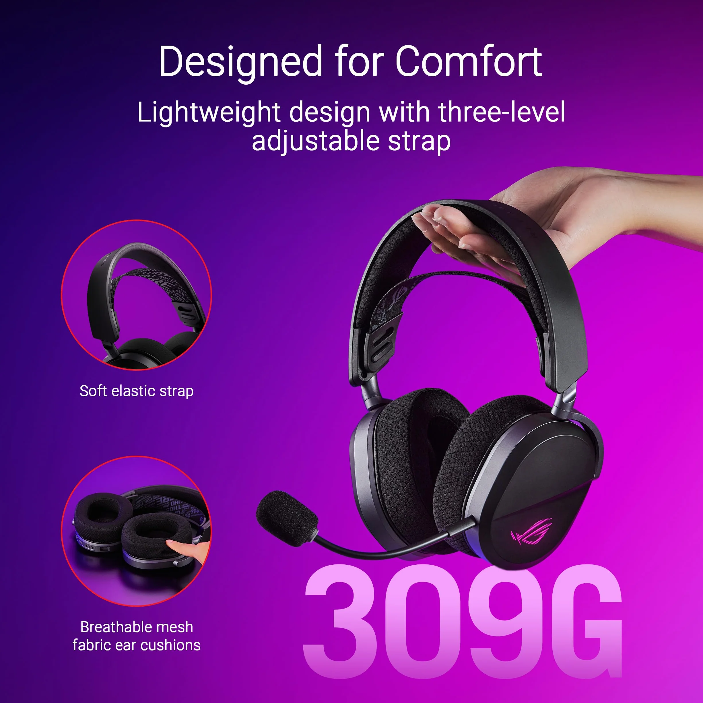 ASUS ROG Pelta bezprzewodowy zestaw słuchawkowy do gier RGB (ROG SpeedNova, Bluetooth, 2,4 GHz, USB-C, przetworniki membrany tytanowej 50 mm, ROG, super szerokopasmowy mikrofon boom 10 mm, lekki 309
