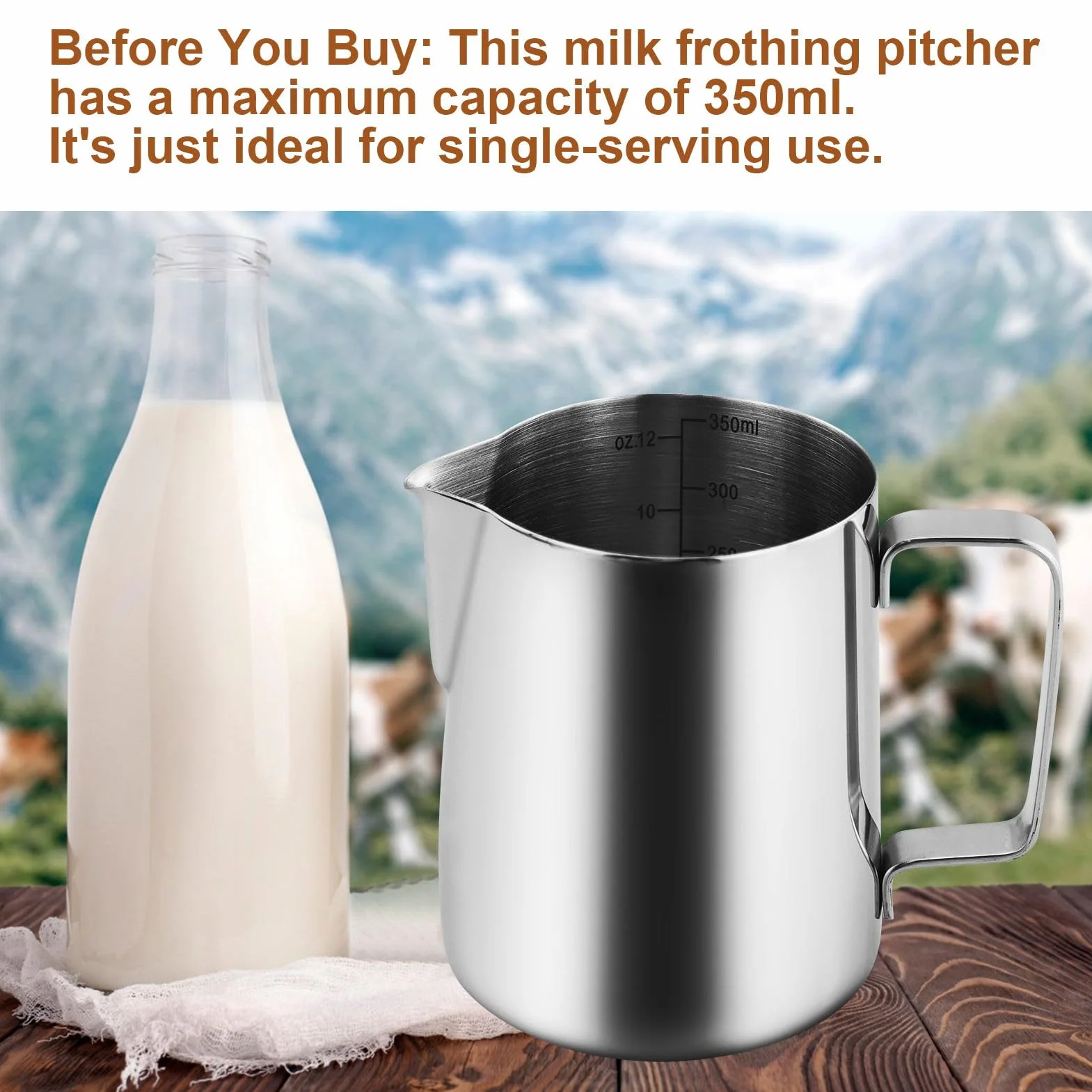 Metalowy spieniacz do mleka 350 ml z piórem Latte Art i 16 plastikowymi szablonami do kawy, dzbanek do gotowania na parze ze stali nierdzewnej 304 zawiera wewnętrzne linie pomiarowe, dzbanek do