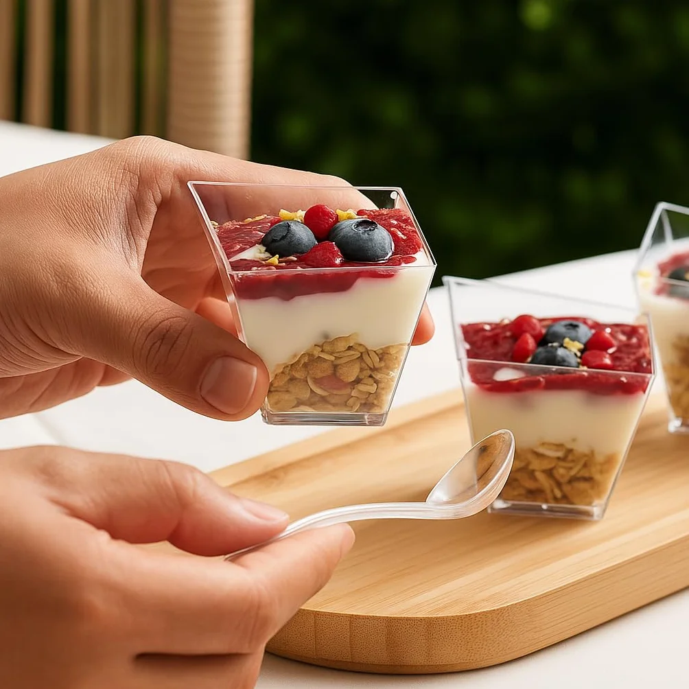 MATANA 100 Mini przezroczyste kubki na desery, kubki, szklanki na desery, aperitify, przystawki, Tiramisus, bufety (70 ml) - solidne i wielokrotnego użytku