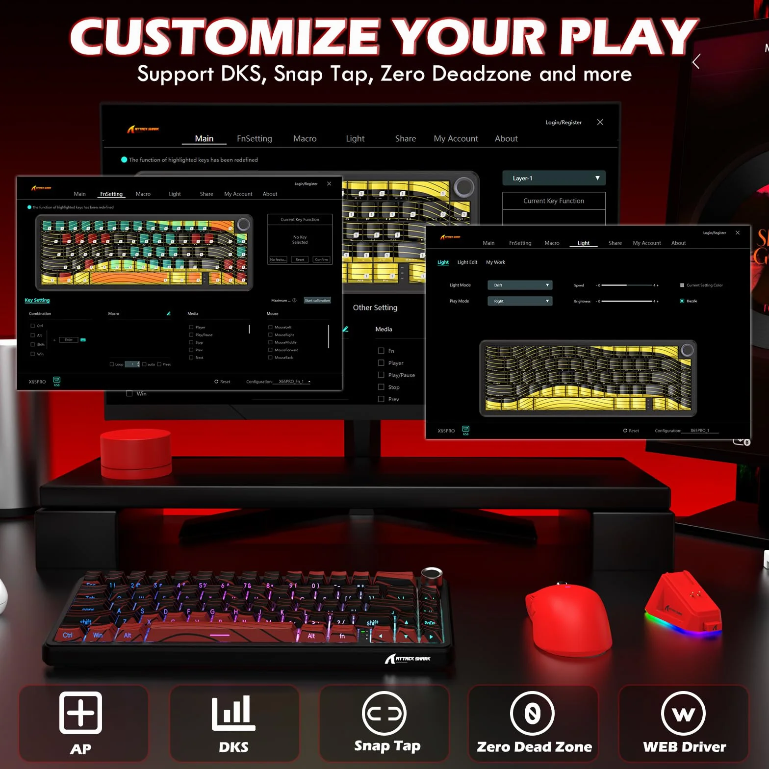 MAMBASNAKE X ATTACK SHARK X65PRO HE Szybki Trigger Klawiatura z X11 Gaming Myszka Komplet, Magnetyczny Przełącznik, Dokładność RT 0.01mm 8 kHz, BT/2.4G/USB-C, Magnetyczna Stacja Ładowania - Czerwony