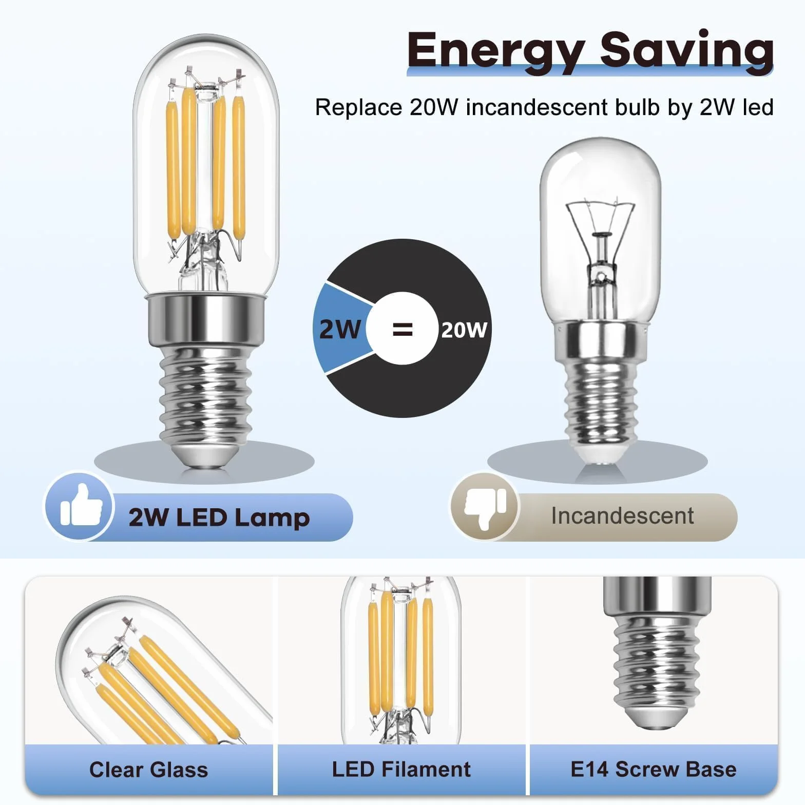 Żarówki LED E14 T22 do lodówki 2 W 6000 K zimna biel 260 lumenów AC 220-240 V 2 sztuki