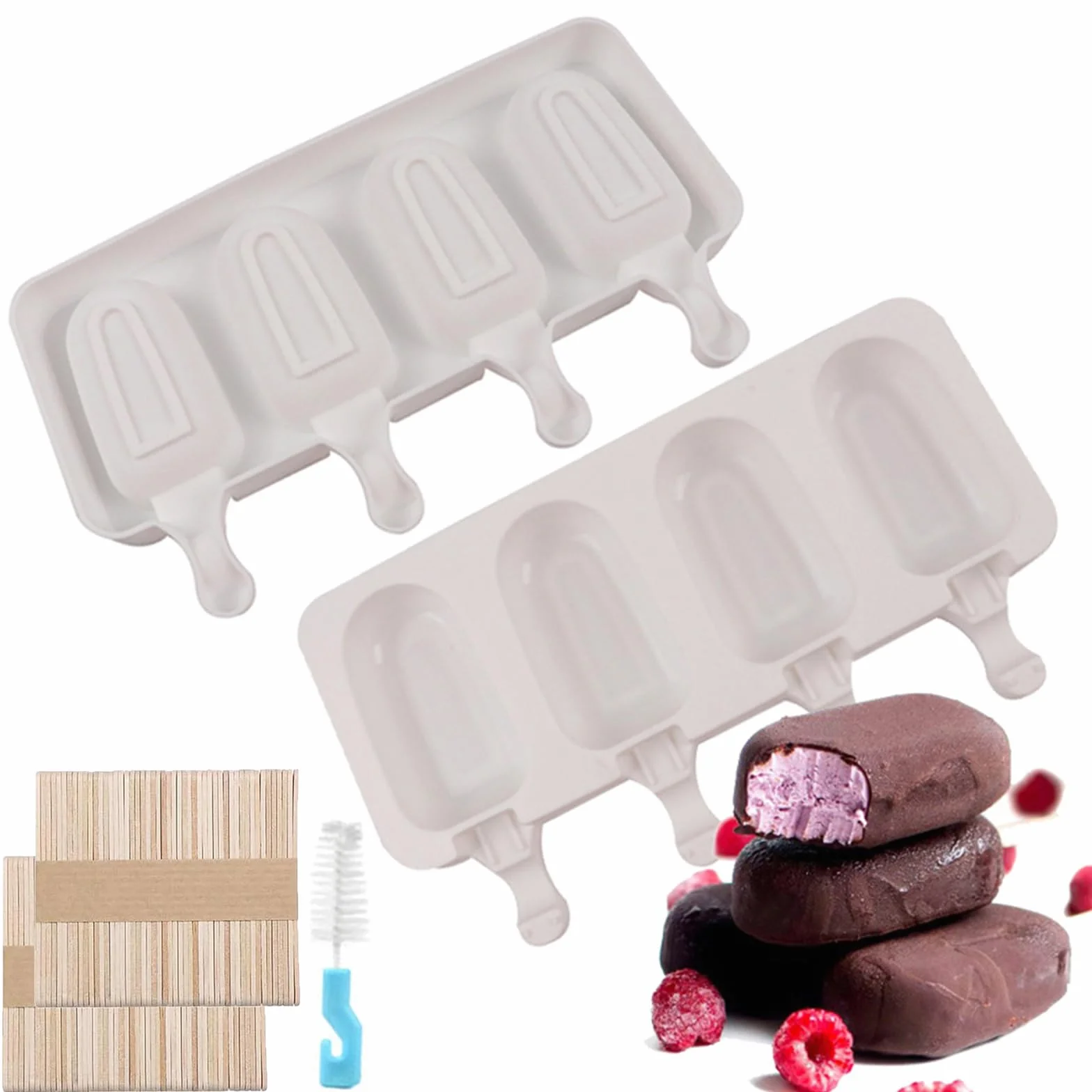 2 formy do lodów, formy do lodów wielokrotnego użytku, formy do lodów, Ice Pop Mold, Popsicle Ice Maker, silikonowa forma do lodów DIY z szczotką do czyszczenia i 100 patyczkami