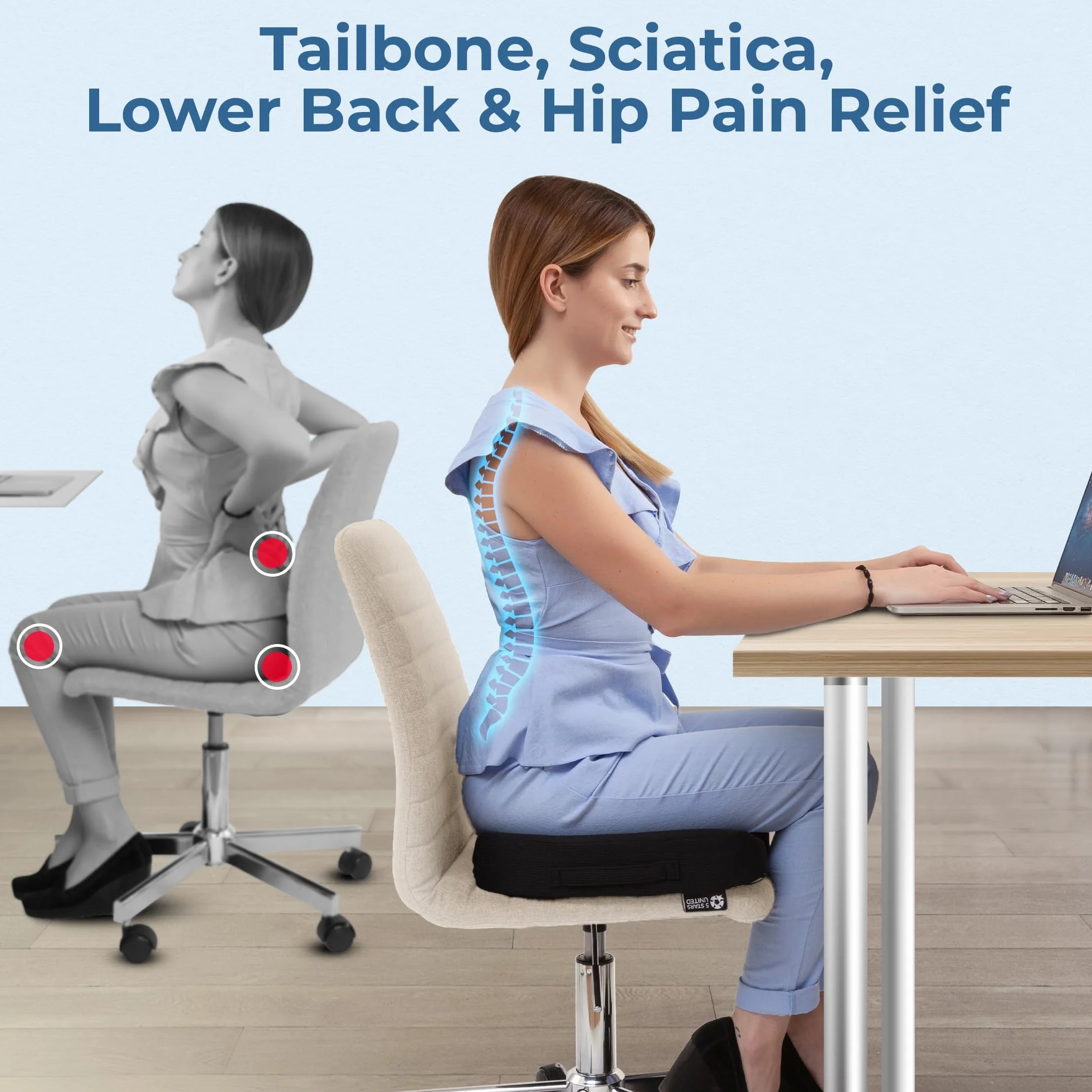 5 STARS UNITED Memory Foam Seat Cushion, ergonomic coccyx pad for office chair, sciatica & back pain relief, non-slip, portable, washable cover - black