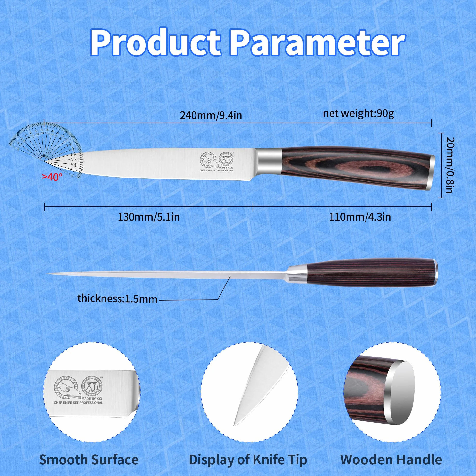 XYJ Authentic Since 1986,5 Inch Kitchen Knife, Stainless Steel Japanese Utility Knife, Meat Cleaver for Meat Cutting,Pakka Wood Handle,Plastic Edge Guard Protector,Chefs Knife