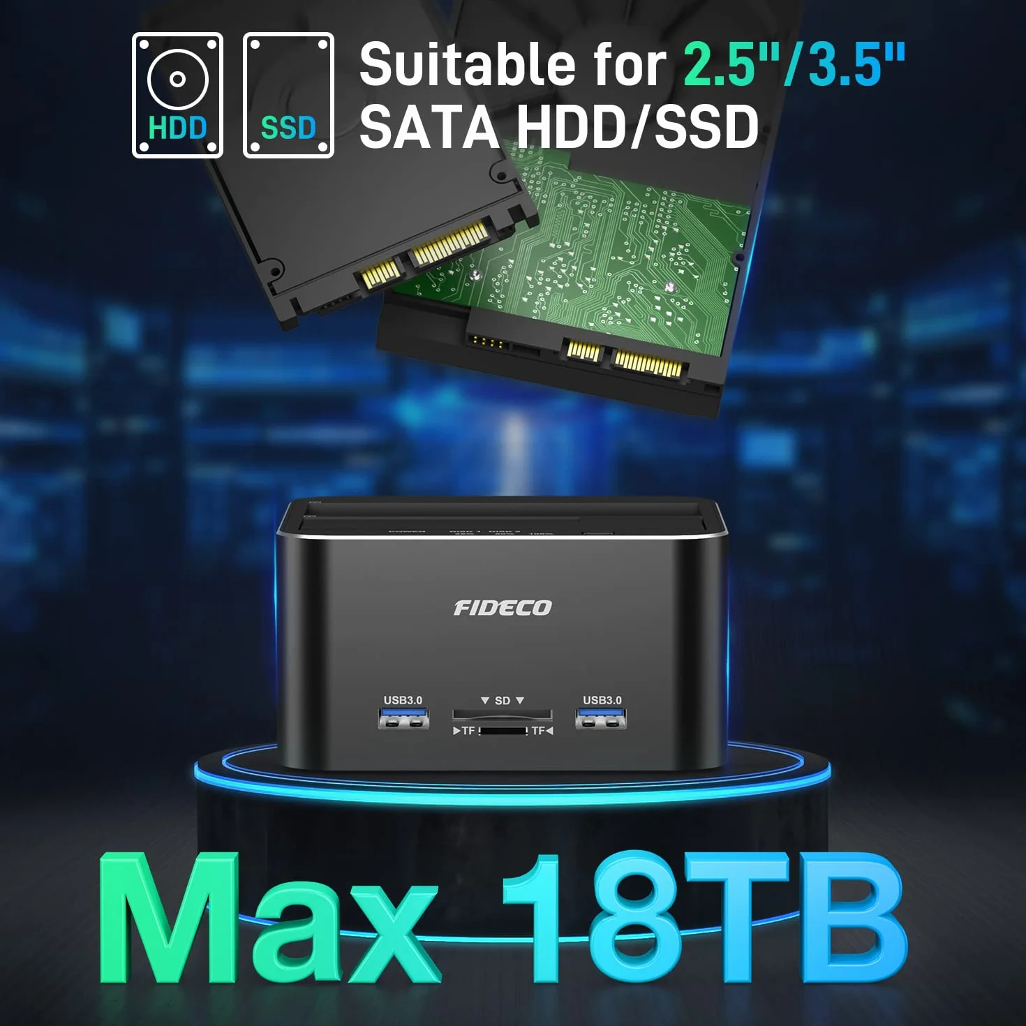 FIDECO Stacja dokująca do dysków twardych, aluminiowa stacja dokująca USB 3.0 do dysków twardych 2,5" / 3,5" SATA HDD SSD, czytnik kart TF i SD, obsługa klonów offline