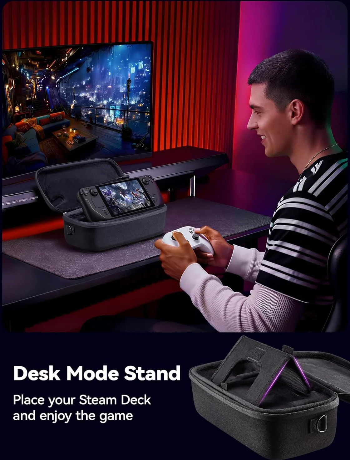 JSAUX Torba Steam Deck OLED, Dwuwarstwowa Twarda Obudowa Ochronna z Otworem na Kabel, Kątowy Kabel USB C, Duża Pojemność