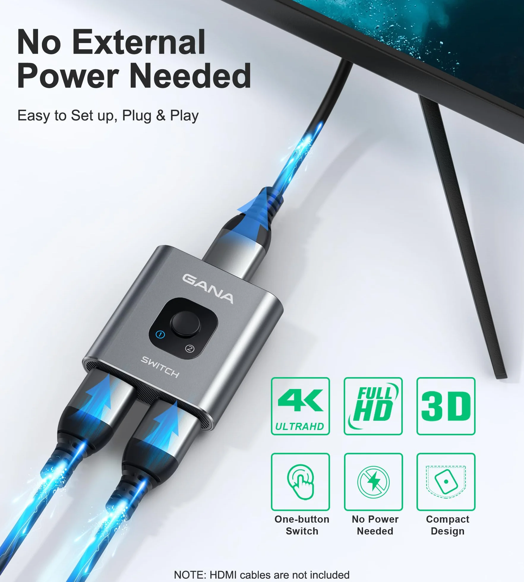 GANA aluminiowy dwukierunkowy przełącznik/rozdzielacz HDMI 4K (1 wejście i 2 wyjścia lub 2 wejścia i 1 wyjście), ręczny przełącznik HDMI obsługuje formaty HD, 4K i 3D dla HDTV / Fire Stick / Xbox . PS3 / PS4 (kolor losowy)