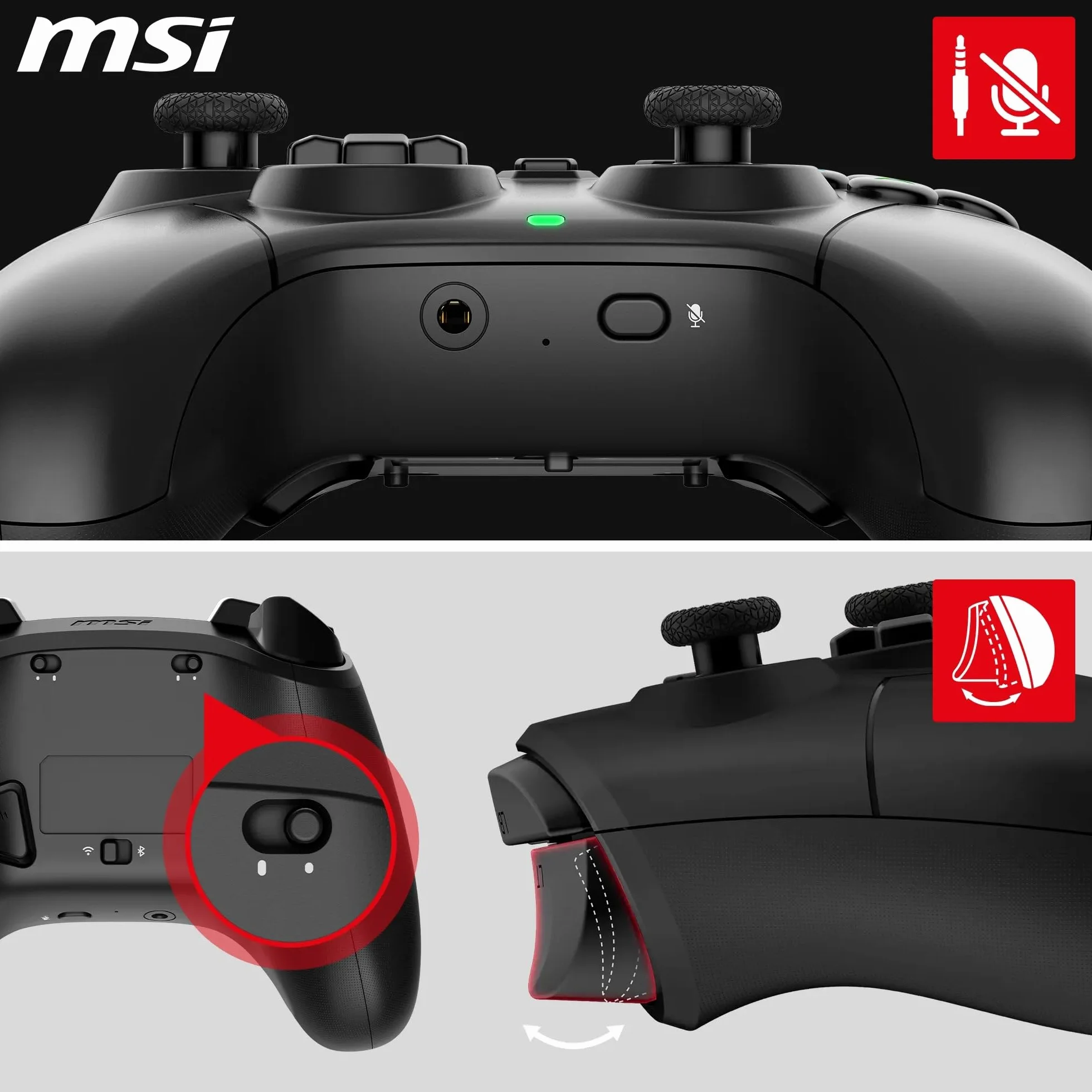 MSI FORCE GC300 W kontroler do gier, 2,4 GHz, Bluetooth, USB typu C na A, akumulator 20 h, wymienne osłony D-Pad i podwójne silniki wibracyjne, przewodowy/bezprzewodowy